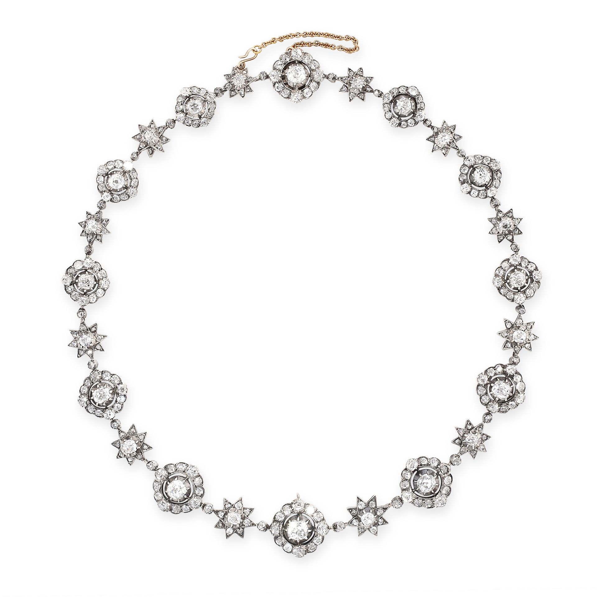 AN ANTIQUE RUSSIAN DIAMOND NECKLACE in 56 zolotnik yellow gold and silver, comprising a series of