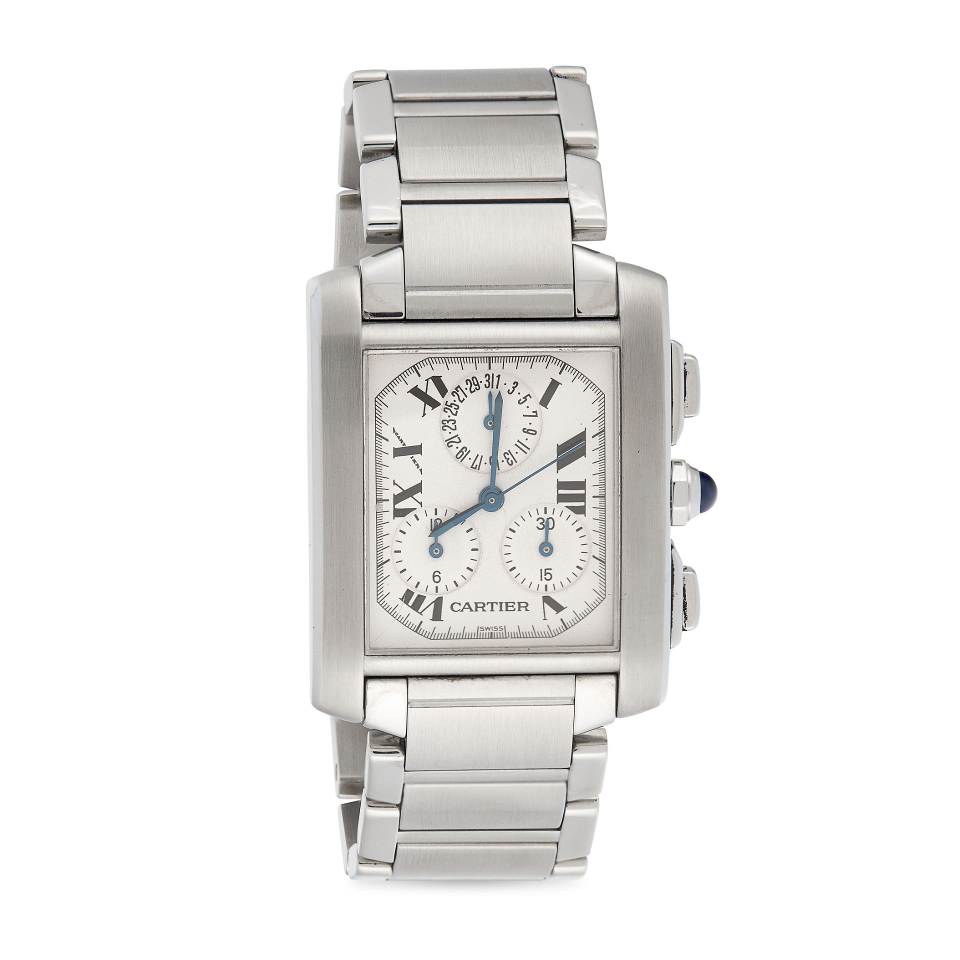 A TANK FRANCAISE CHRONO WRIST WATCH, CARTIER in steel, the rectangular white dial with Roman numeral