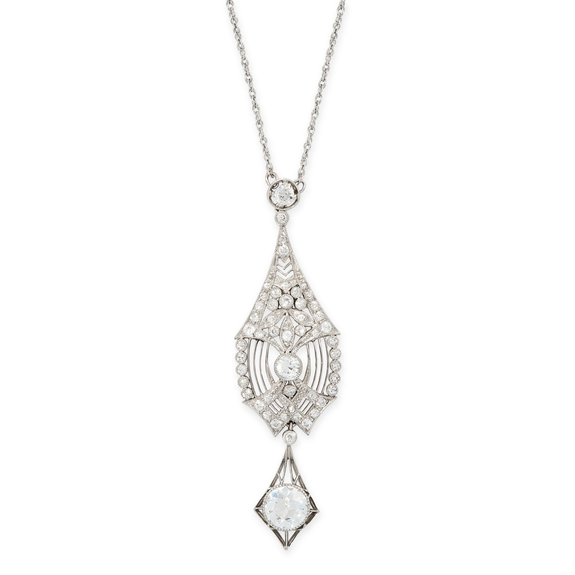 A BELLE EPOQUE DIAMOND PENDANT NECKLACE the openwork pendant set throughout with old cut and