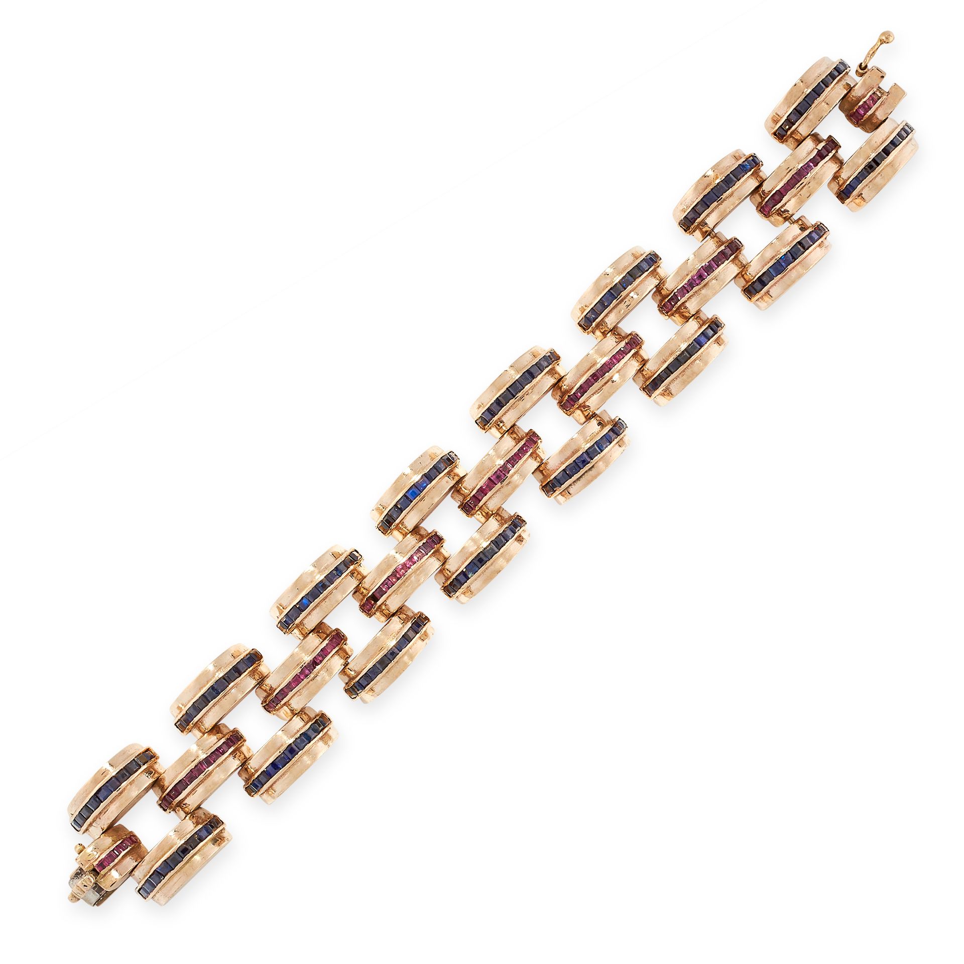 A VINTAGE SAPPHIRE AND RUBY TANK BRACELET in 18ct yellow gold, formed of three rows of staggered