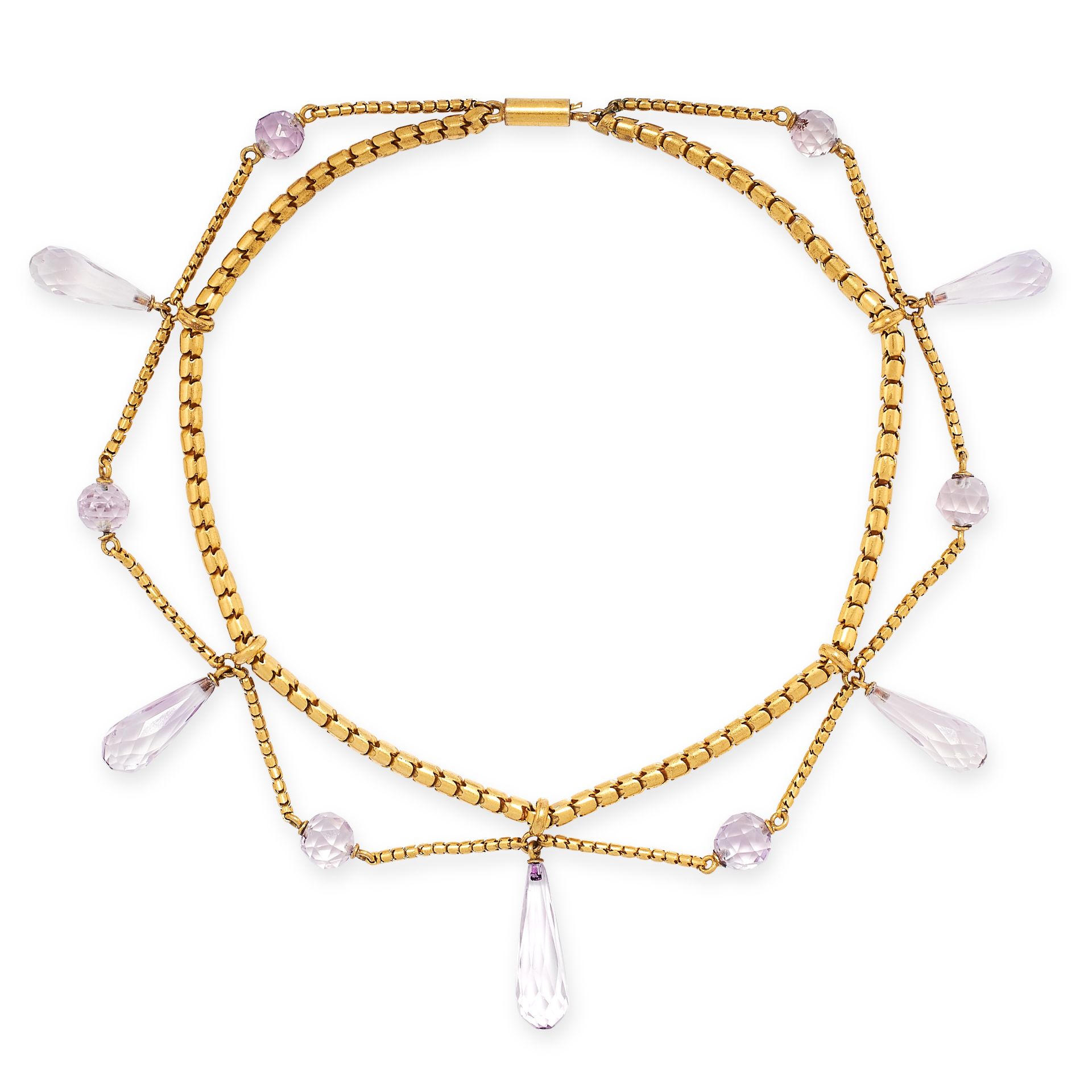 AN ANTIQUE AMETHYST NECKLACE, LATE 19TH CENTURY in yellow gold, the chain suspending five
