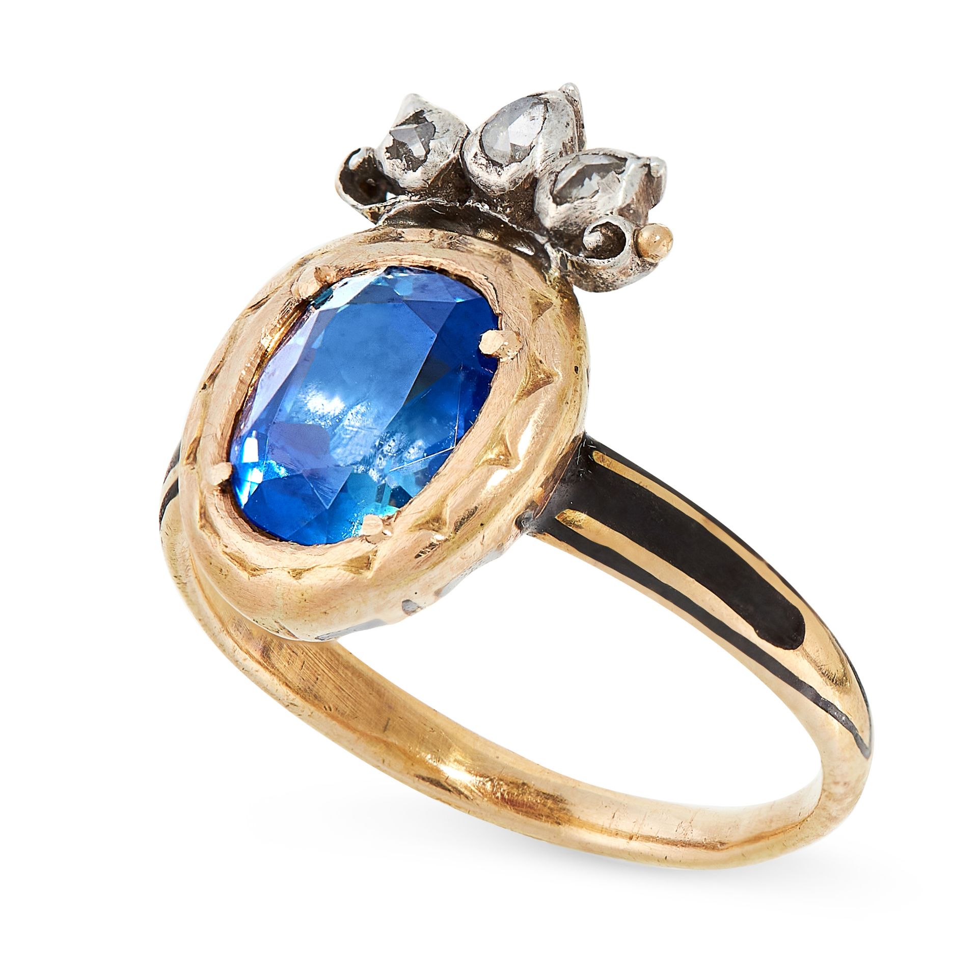 AN ANTIQUE KASHMIR SAPPHIRE, DIAMOND AND ENAMEL SWEETHEART RING, 19TH CENTURY in yellow gold and - Image 2 of 2