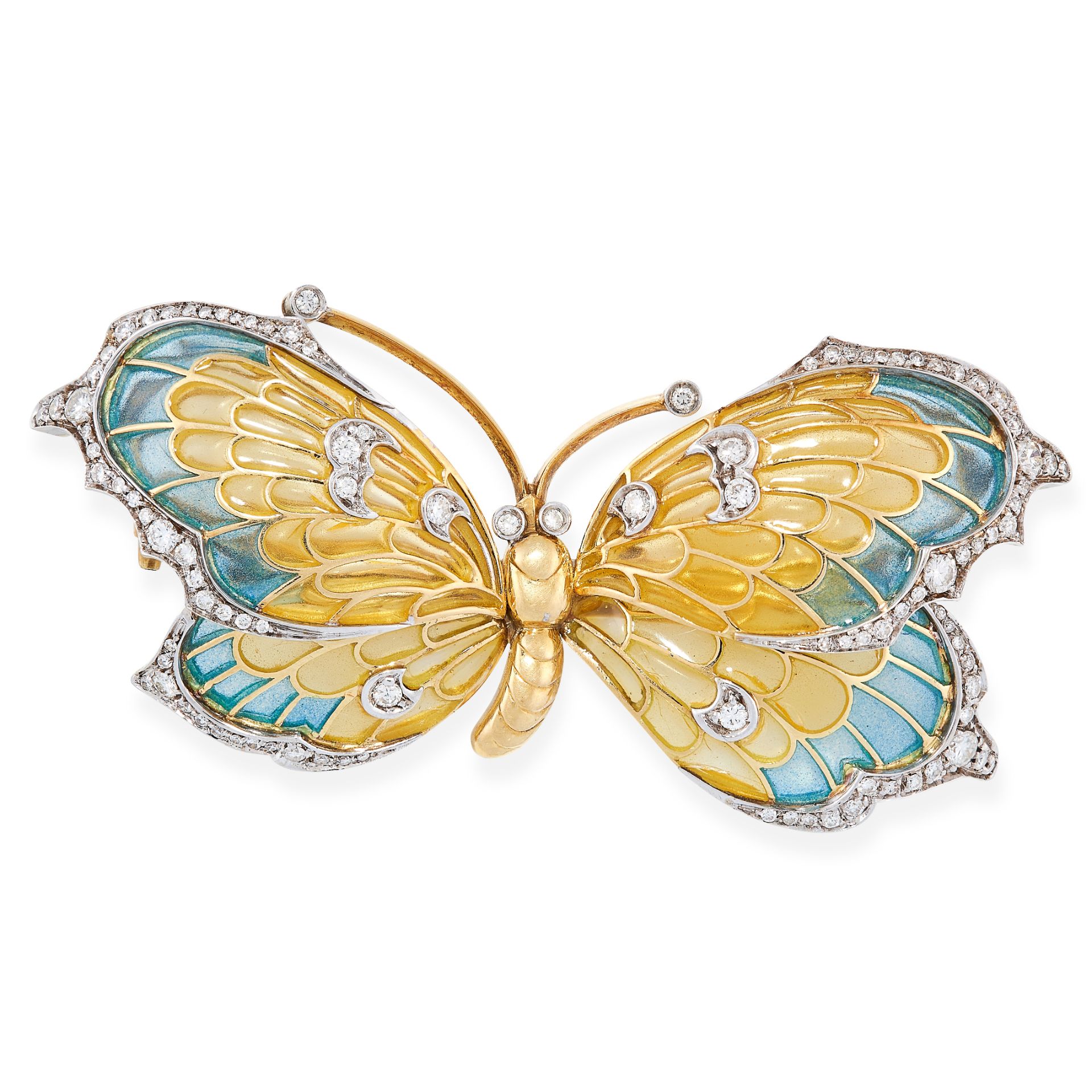 A PLIQUE A JOUR ENAMEL AND DIAMOND BUTTERFLY BROOCH in yellow gold, designed as a butterfly, the