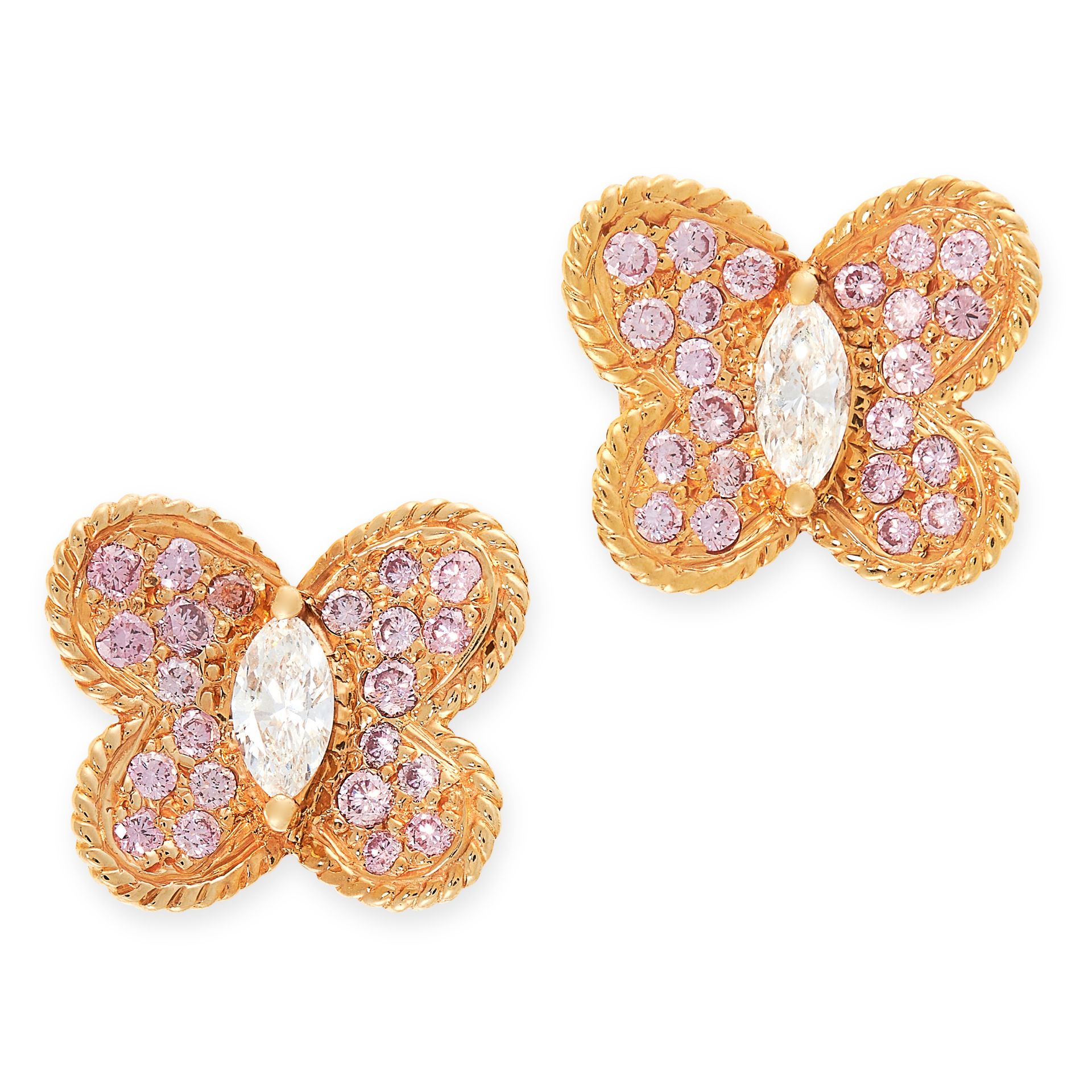 A PAIR OF PINK DIAMOND AND WHITE DIAMOND EARRINGS, GRAFF in 18ct yellow gold, each designed as a
