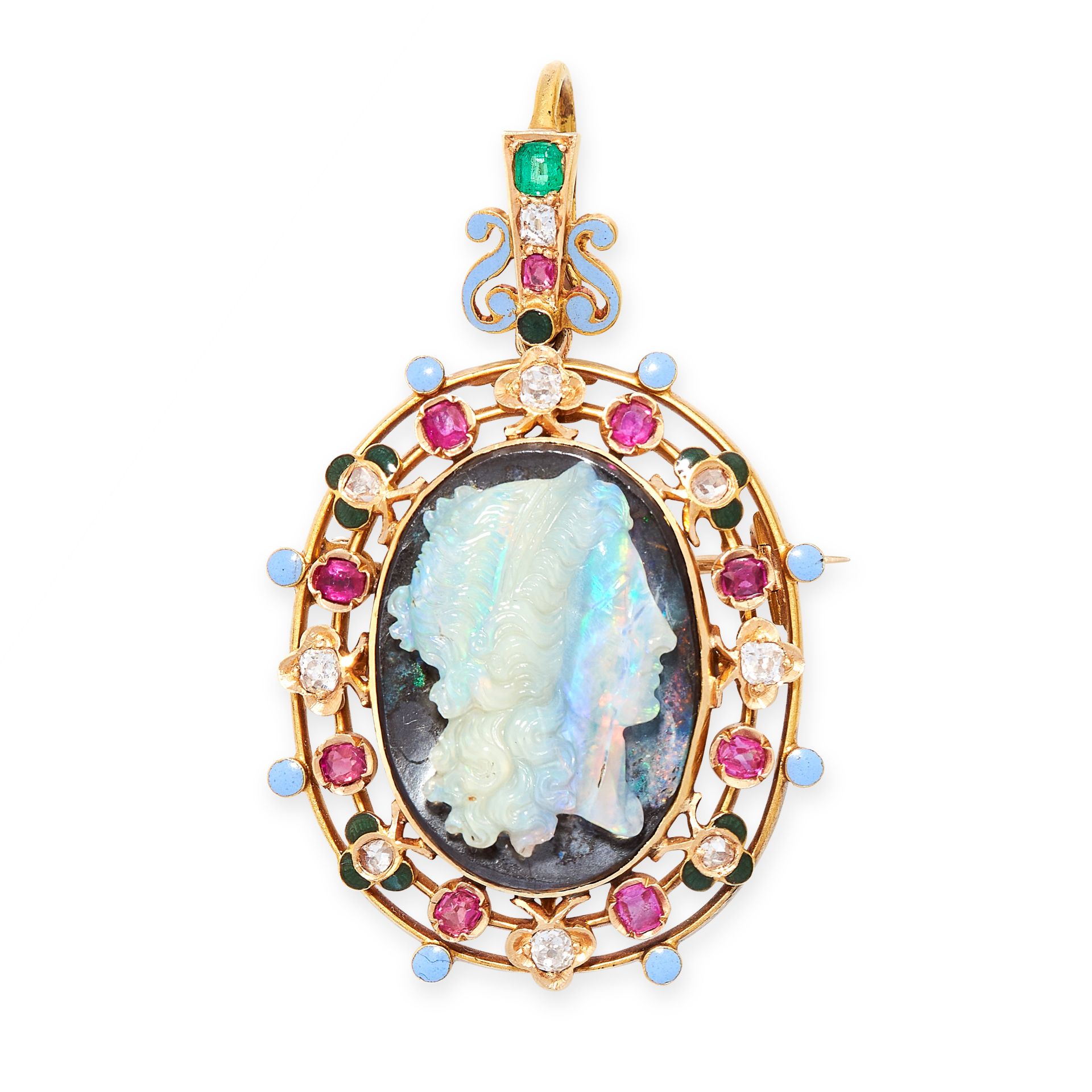 AN ANTIQUE JEWELLED OPAL CAMEO PENDANT / BROOCH, ATTR WILHELM SCHMIDT CIRCA 1880 in yellow gold, set