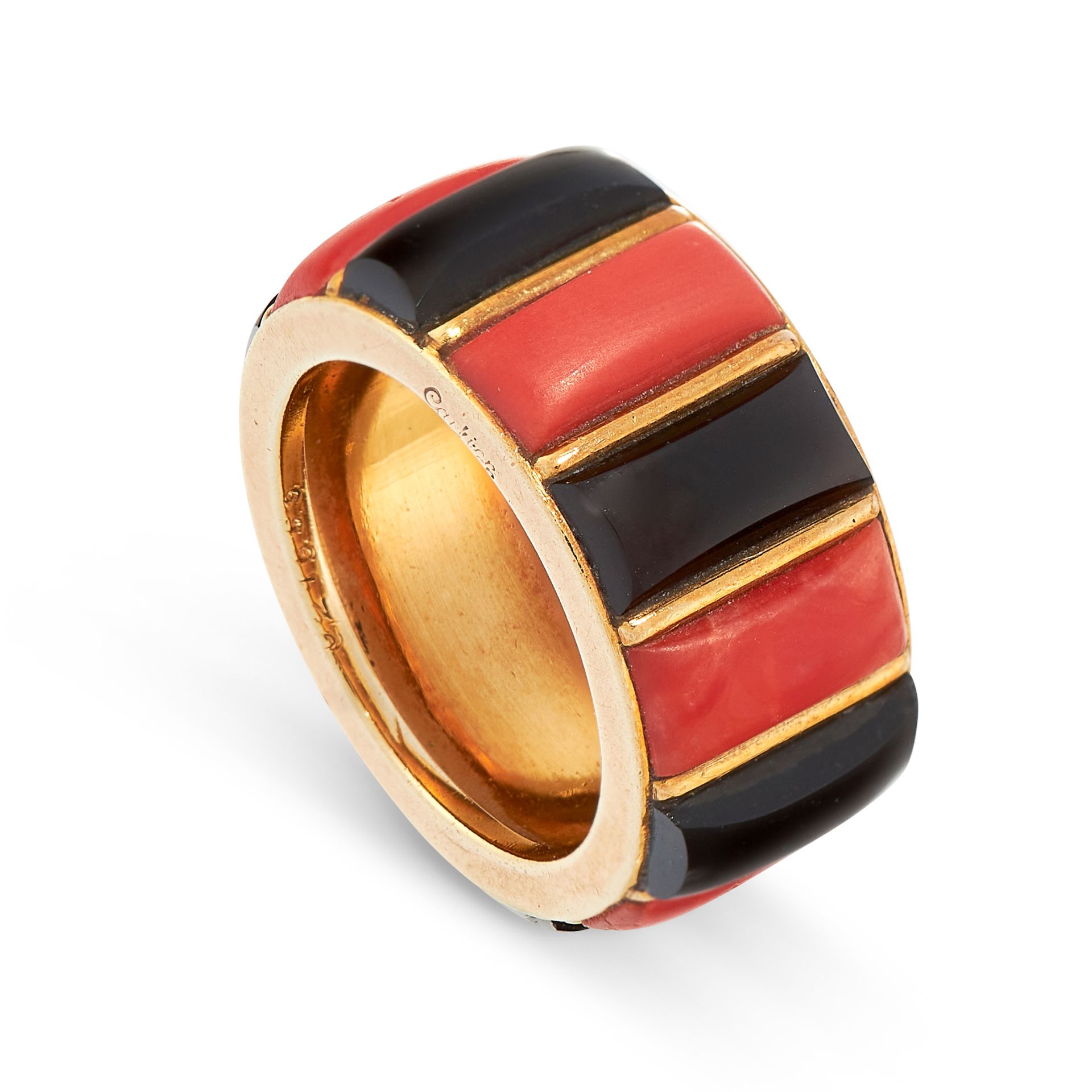 A VINTAGE CORAL AND ONYX RING, CARTIER in 18ct yellow gold, the band set all around with alternating - Image 2 of 2