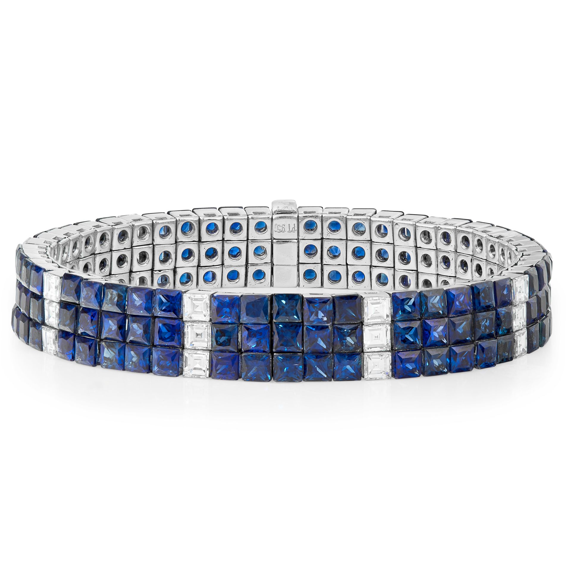 AN EXCEPTIONAL SAPPHIRE AND DIAMOND BRACELET in platinum, of strap design, mystery set with three - Image 3 of 3