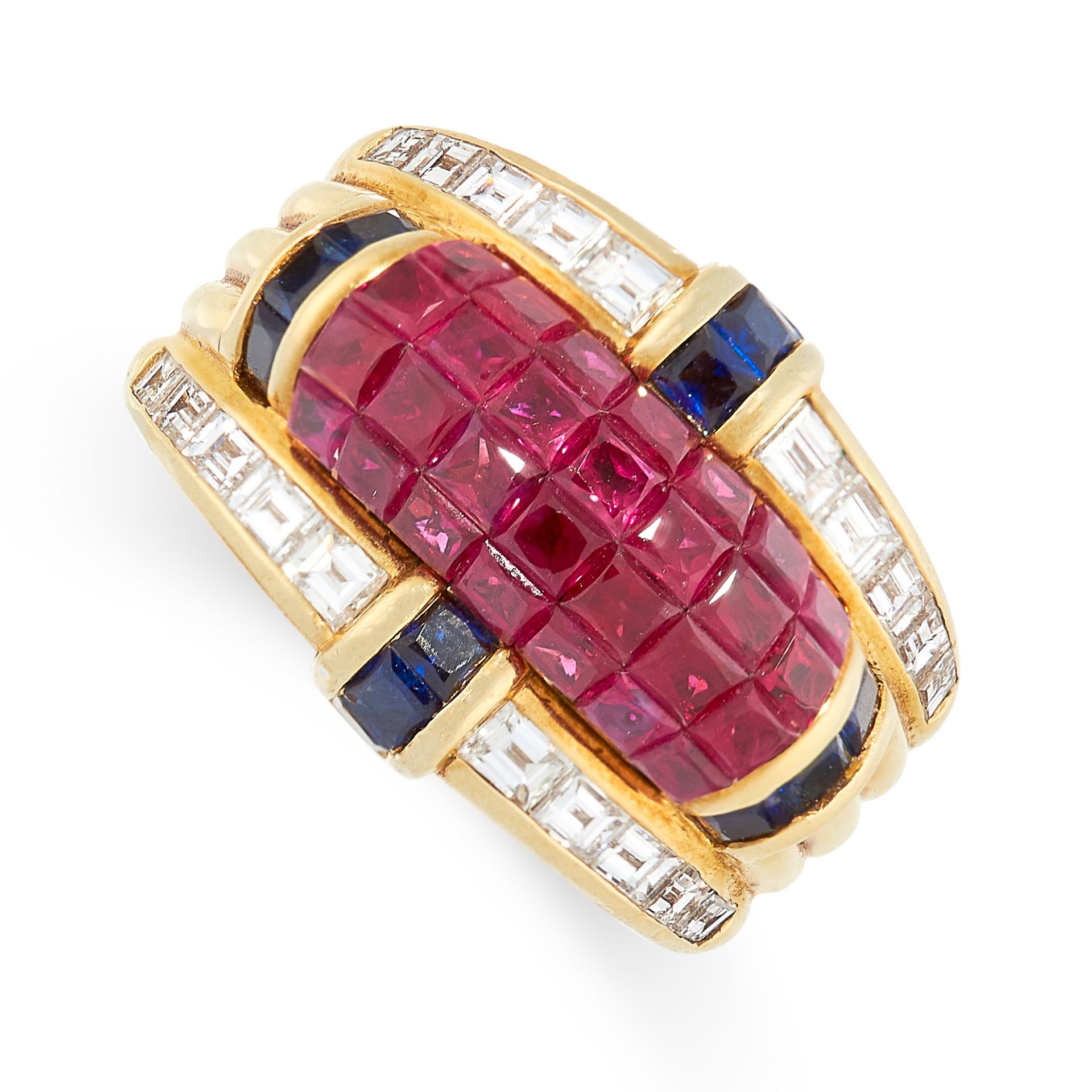 A VINTAGE RUBY, SAPPHIRE AND DIAMOND COCKTAIL RING, CIRCA 1980 in 18ct yellow gold, mystery set with