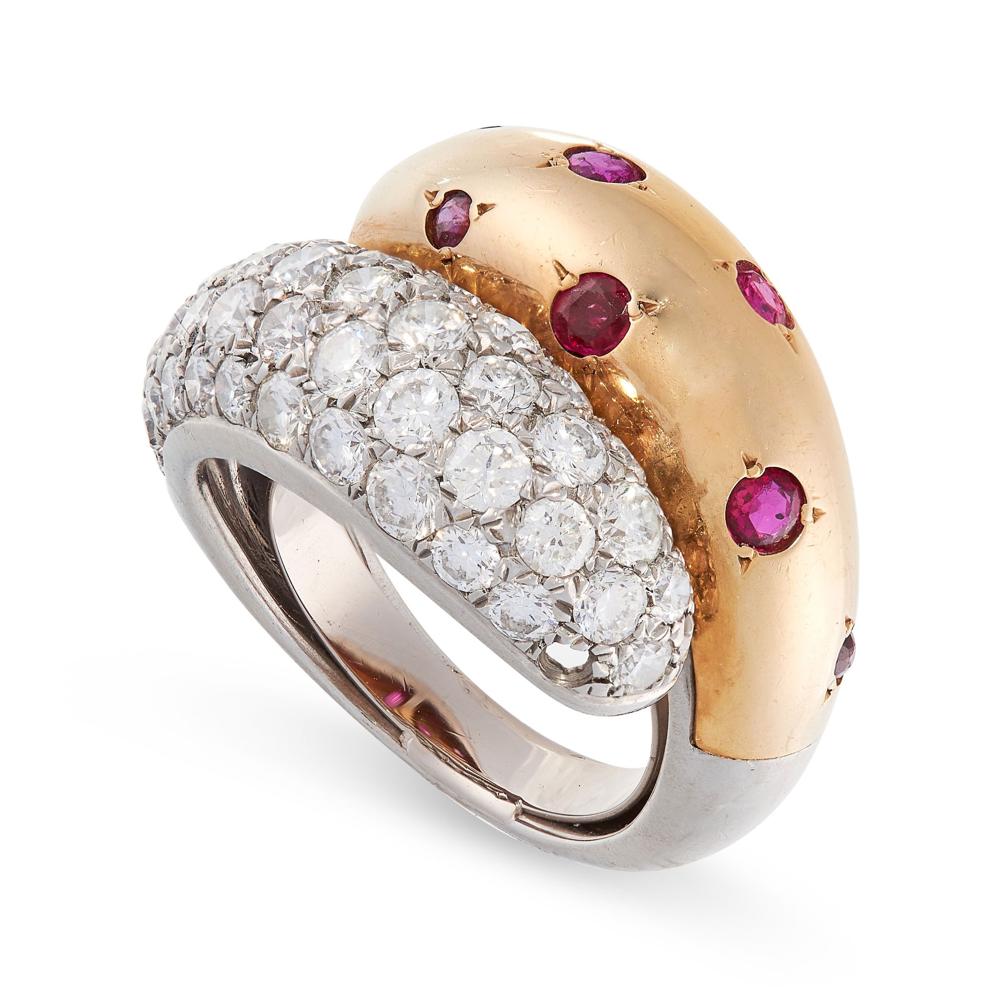 A VINTAGE FRENCH RUBY AND DIAMOND DRESS RING in 18ct yellow gold and platinum, the crossover band of - Image 2 of 2