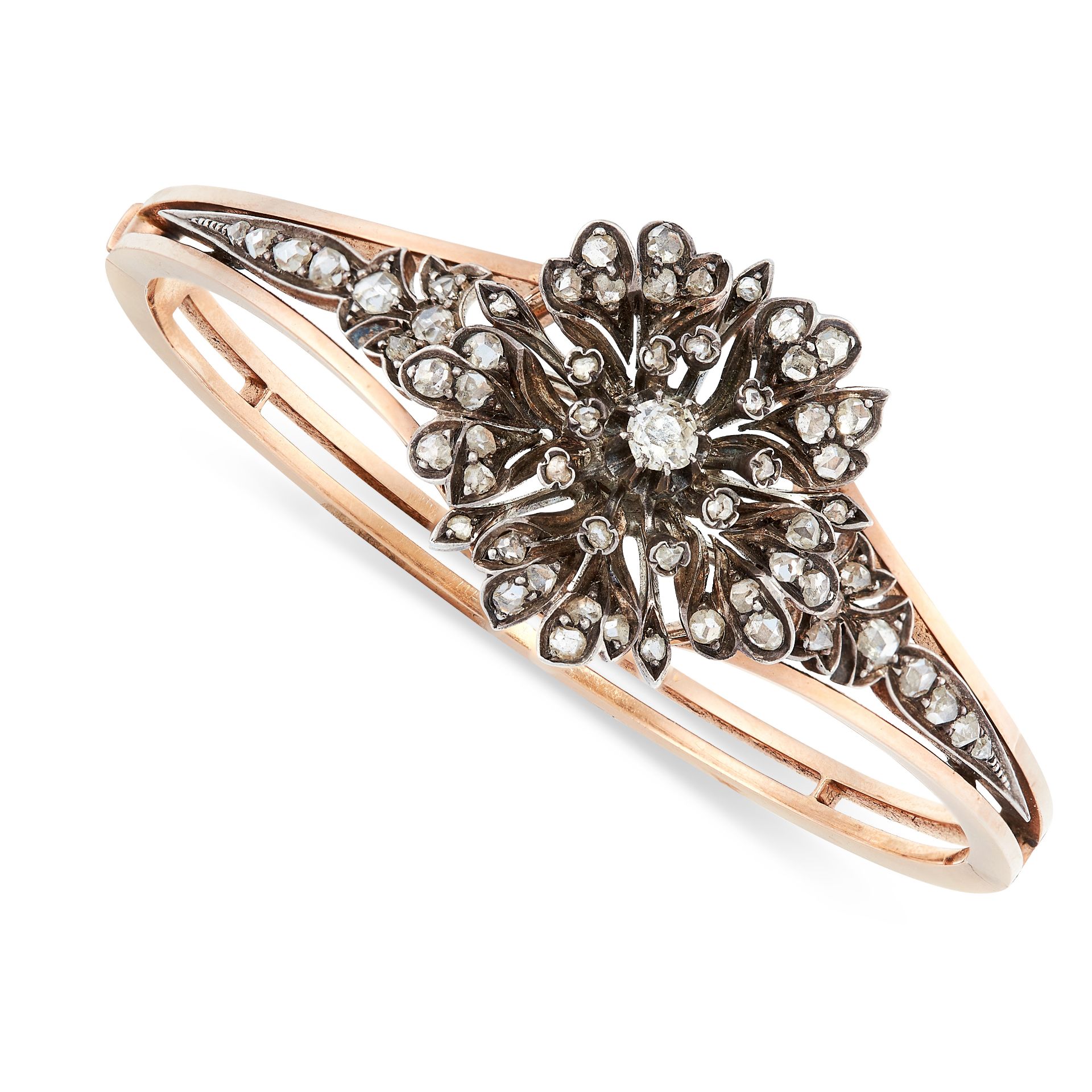 AN ANTIQUE DIAMOND BANGLE, 19TH CENTURY in 18ct yellow gold and silver, the tapering body with a