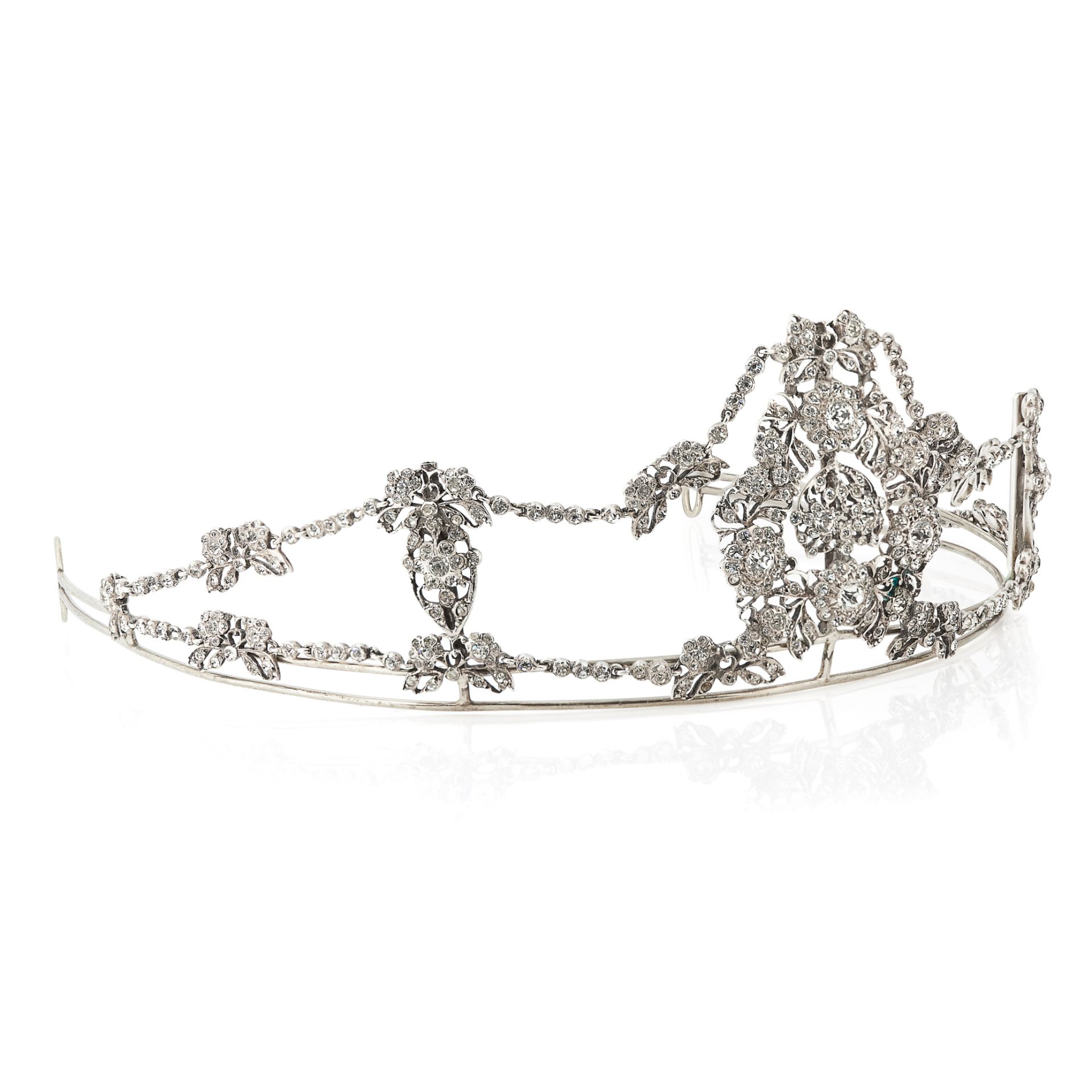AN ANTIQUE PASTE DIAMOND TIARA the frame applied with five principal sections of foliate and - Image 2 of 3