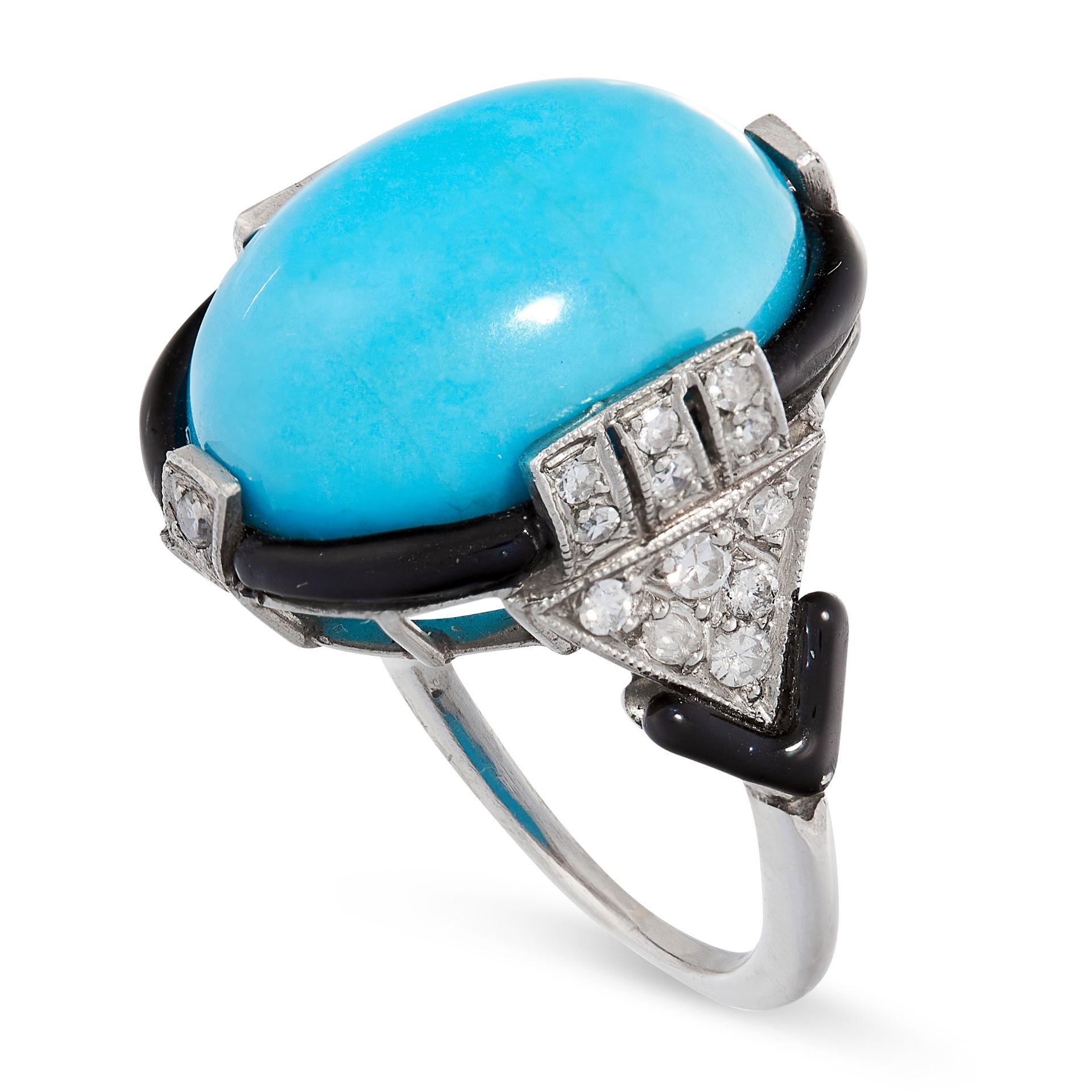 AN ART DECO TURQUOISE, ENAMEL AND DIAMOND RING set with an oval cabochon turquoise within borders of - Image 2 of 2