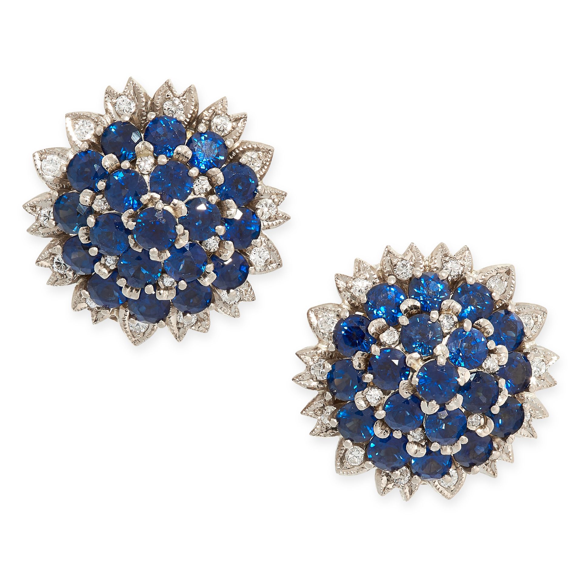 A PAIR OF VINTAGE SAPPHIRE AND DIAMOND CLIP EARRINGS in 18ct yellow gold, the circular faces set