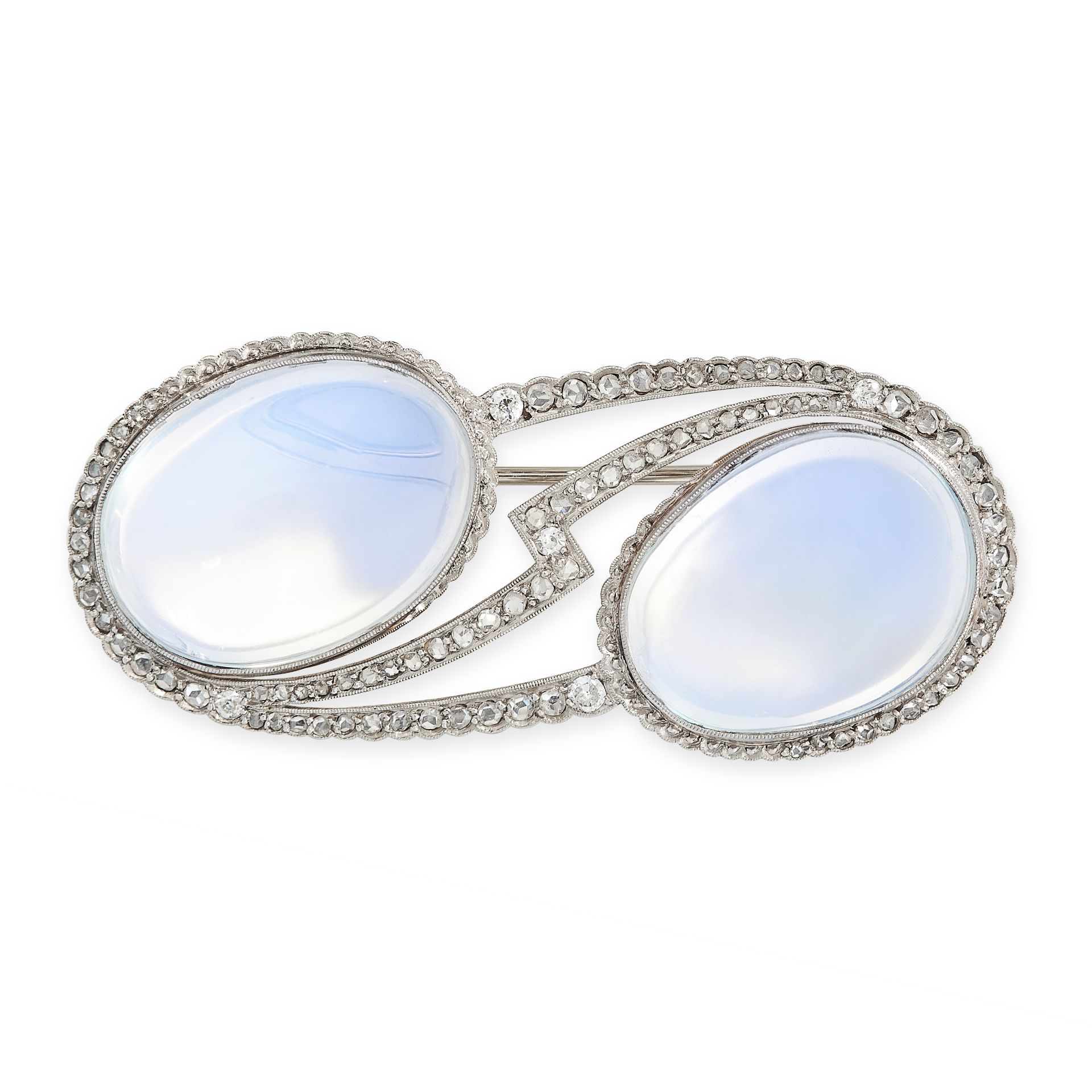AN ART DECO MOONSTONE AND DIAMOND BROOCH set with two large oval cabochon moonstones, within an