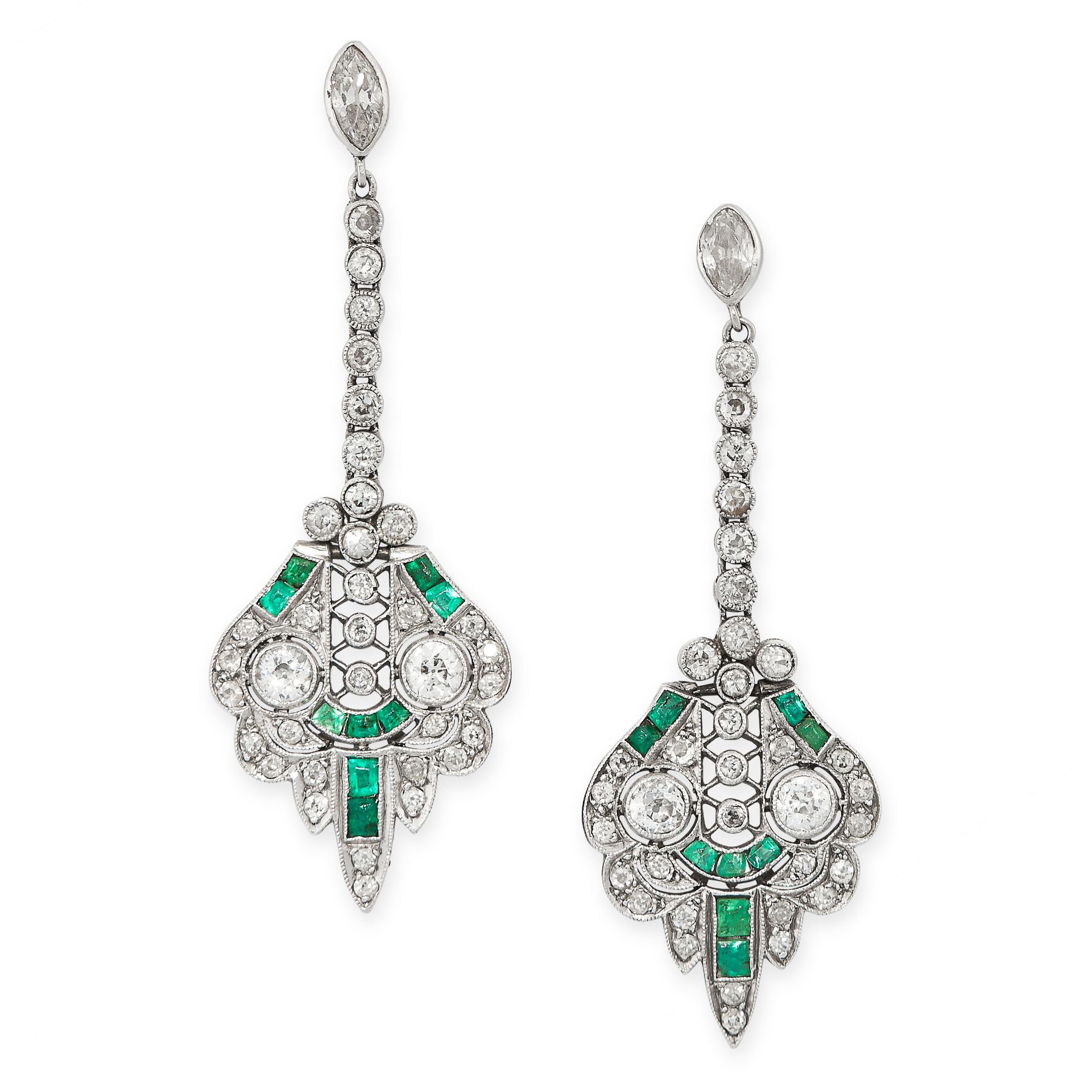 A PAIR OF EMERALD AND DIAMOND EARRINGS in platinum, the openwork bodies set with old cut and