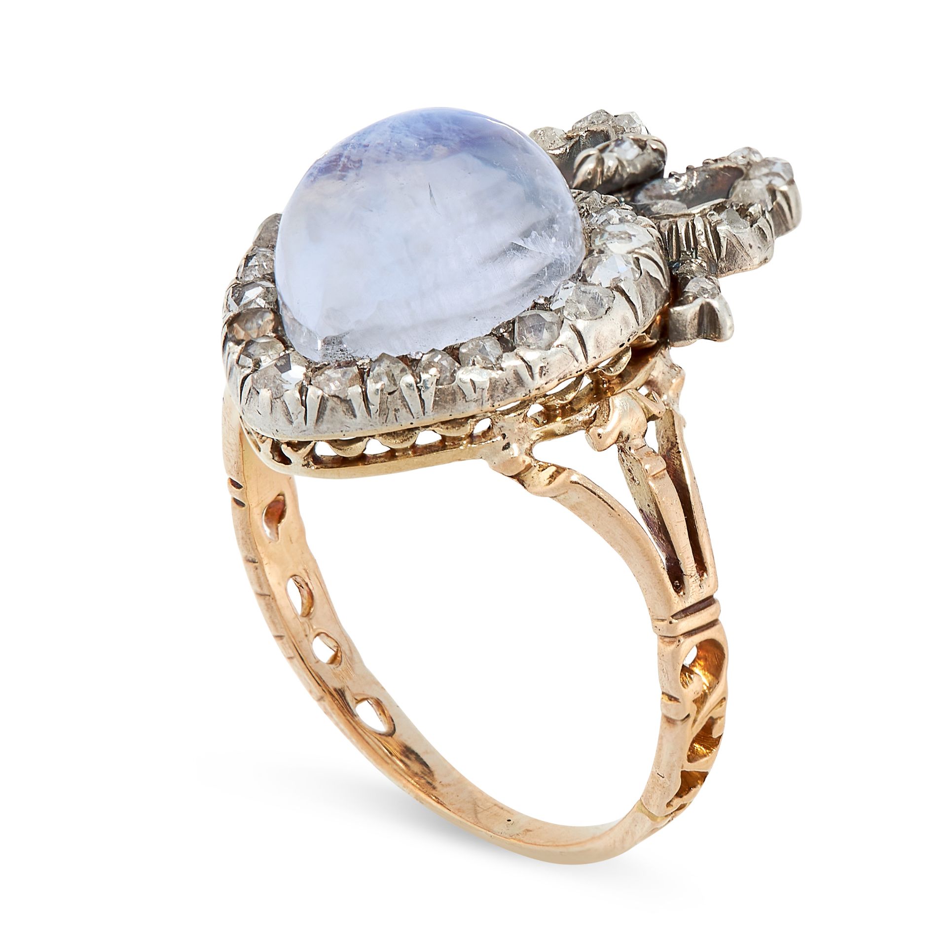 AN ANTIQUE RAINBOW MOONSTONE AND DIAMOND SWEETHEART RING, 19TH CENTURY in yellow gold and silver, - Image 2 of 2