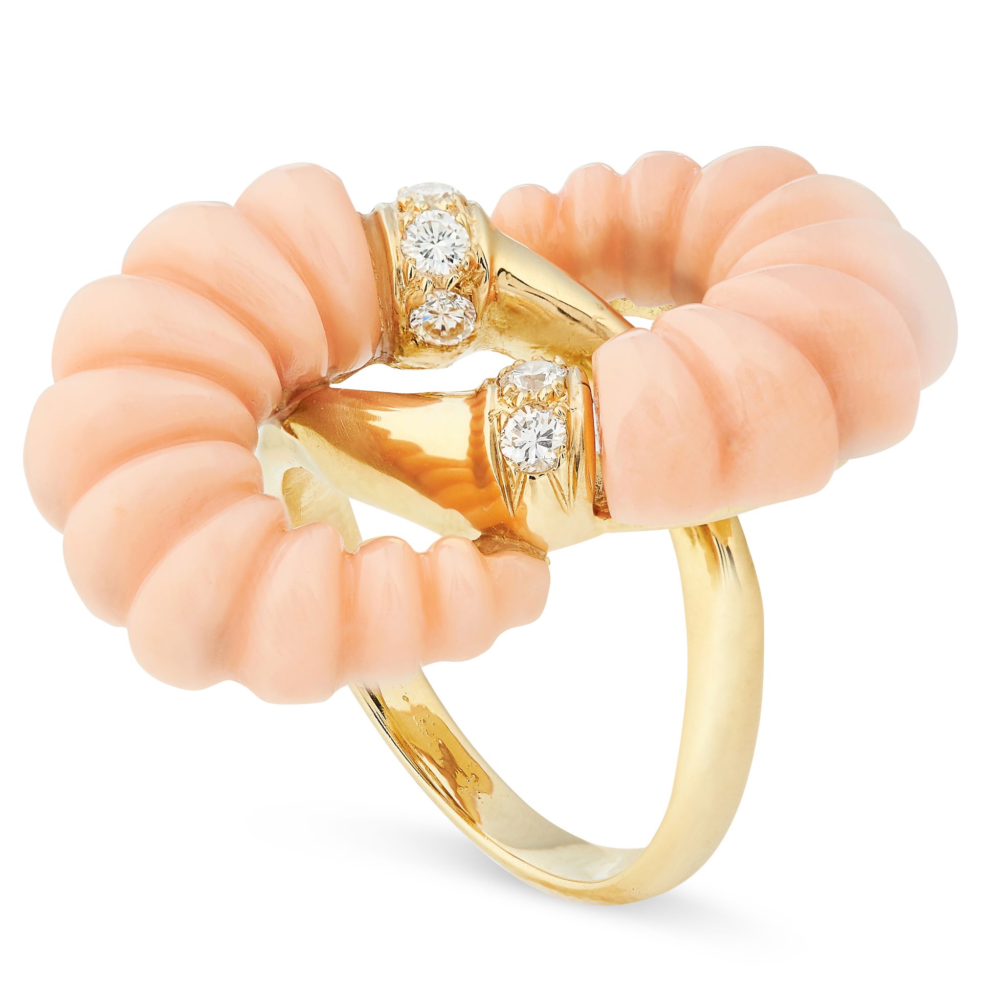 A VINTAGE CORAL AND DIAMOND RING, VAN CLEEF & ARPELS in 18ct yellow gold, the face formed of two - Image 2 of 2