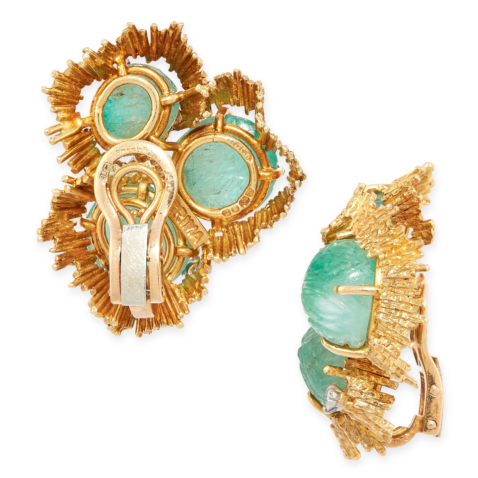 A PAIR OF VINTAGE EMERALD AND DIAMOND CLIP EARRINGS, ANDREW GRIMA 1969 in 18ct yellow gold, each set - Image 2 of 2