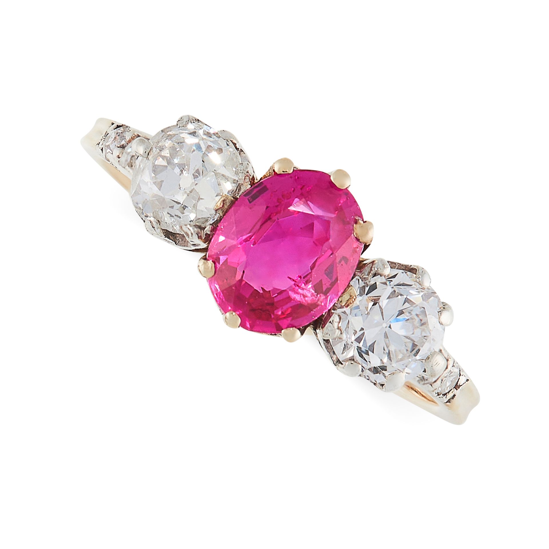 A BURMA NO HEAT RUBY AND DIAMOND RING, CIRCA 1930 set with a cushion cut ruby of 1.09 carats,