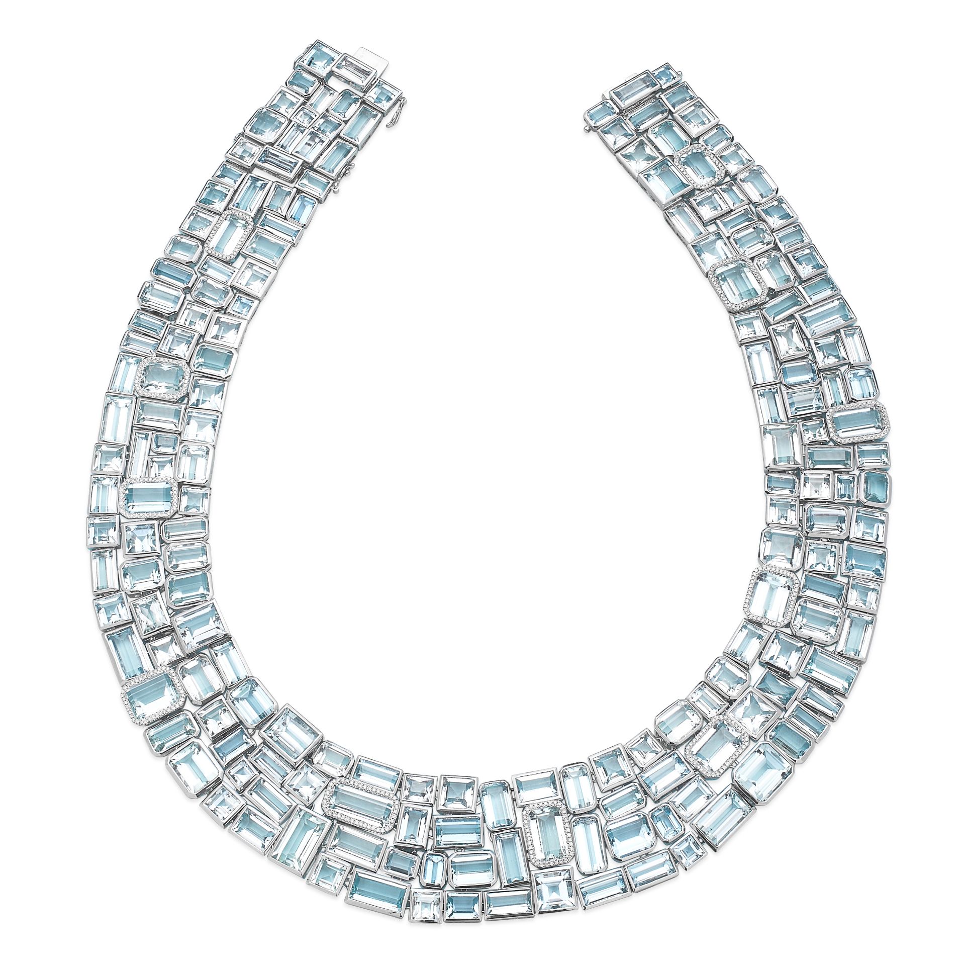 AN AQUAMARINE AND DIAMOND NECKLACE in 18ct white gold, designed as a bib, formed of a series of