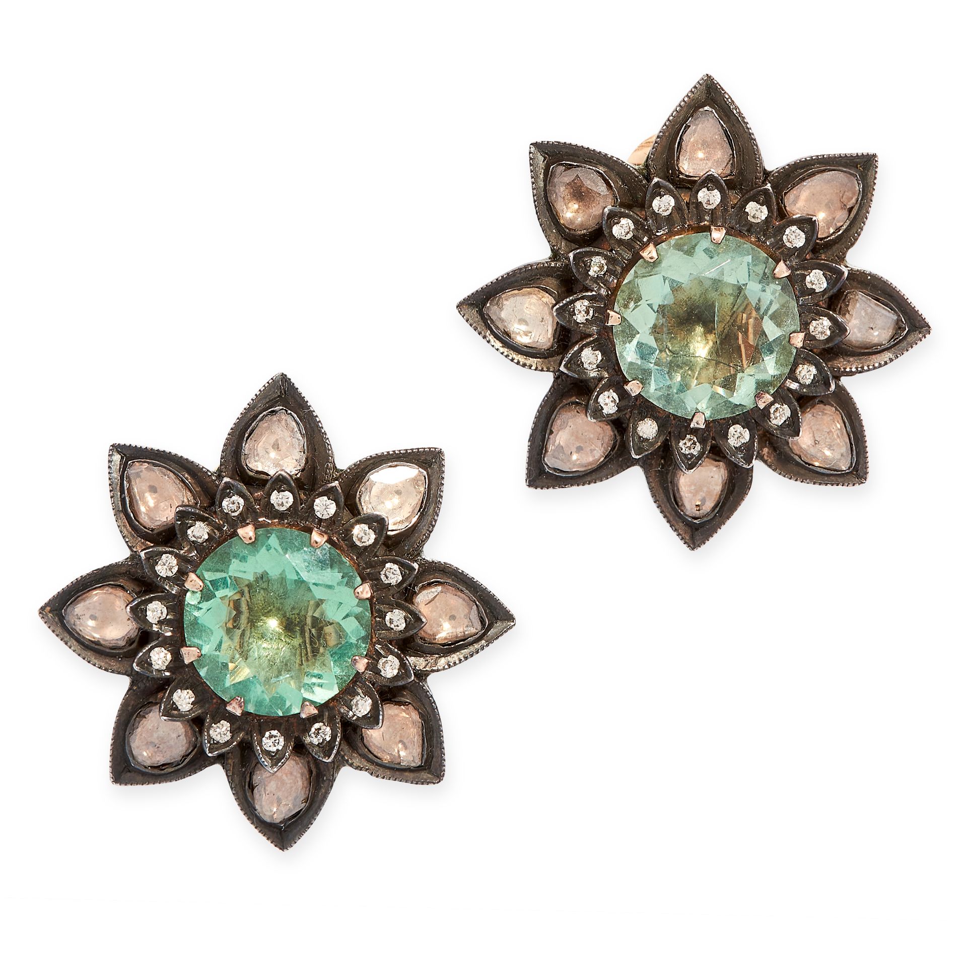 A PAIR OF DIAMOND AND GREEN FLUORITE CLIP EARRINGS in yellow gold and silver, each designed as a