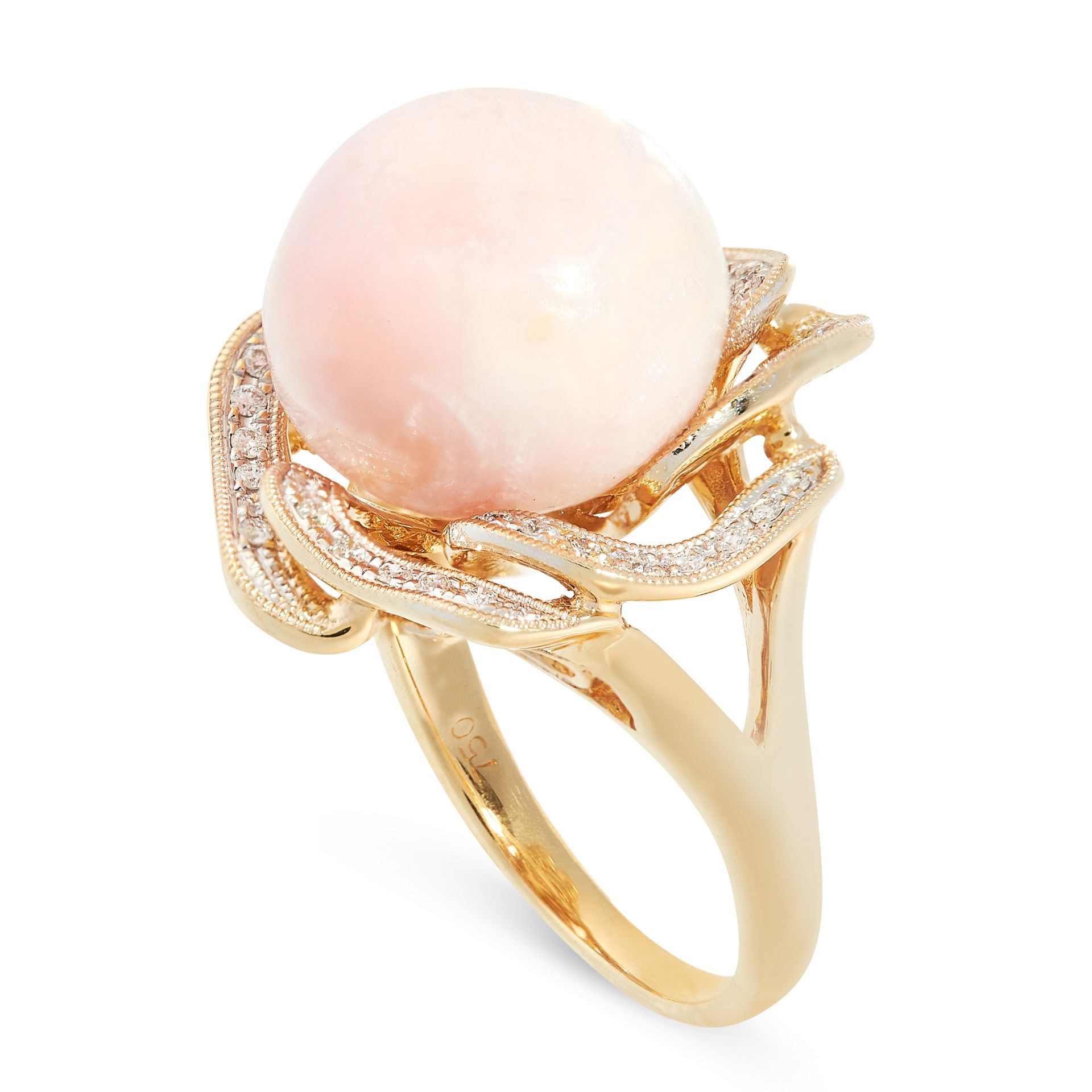 A CONCH PEARL AND DIAMOND RING in 18ct yellow gold, set with a conch pearl of 14.6mm in a foliate - Image 2 of 2