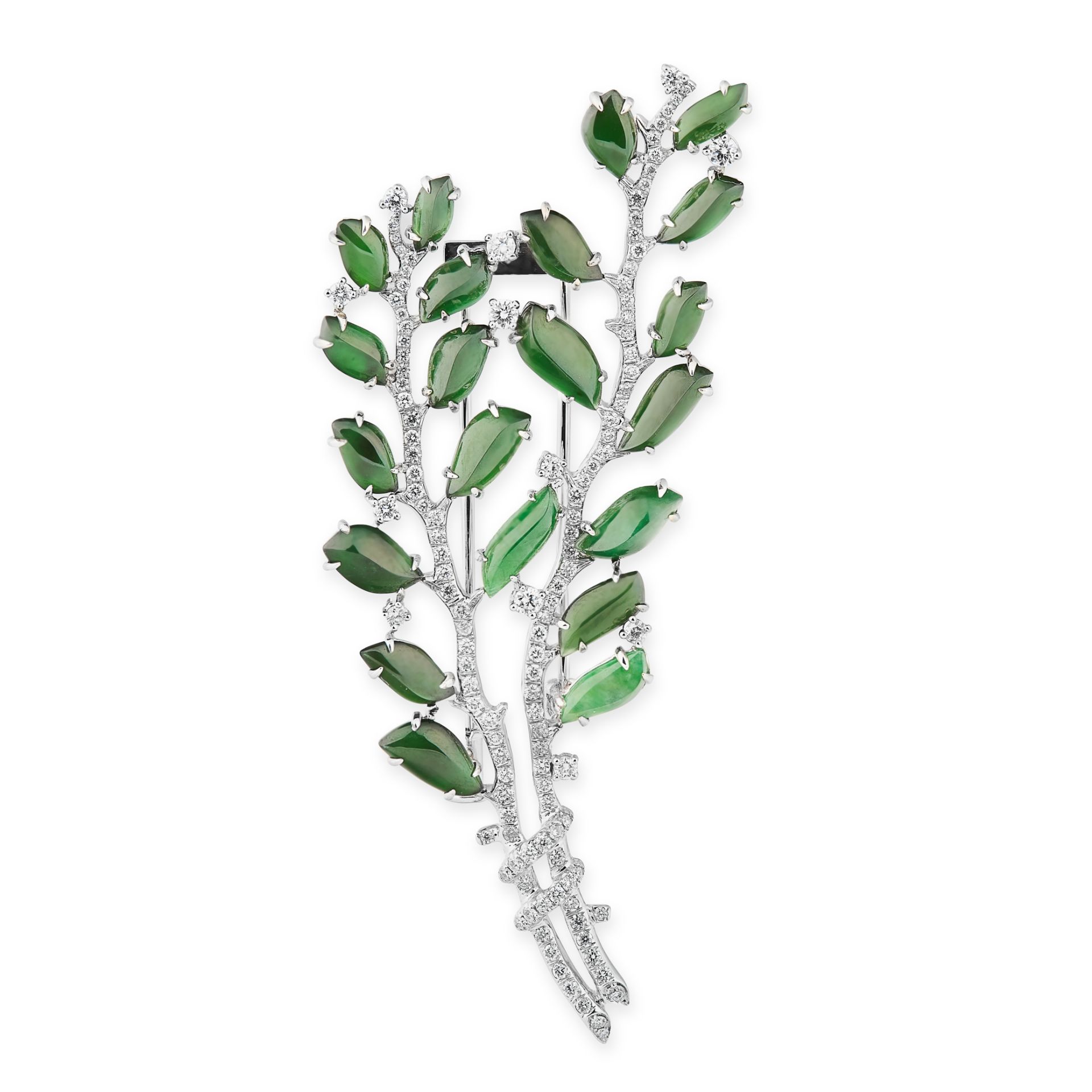 A JADEITE JADE AND DIAMOND BROOCH, FEI LIU in 18ct white gold, designed as a spreading branch of