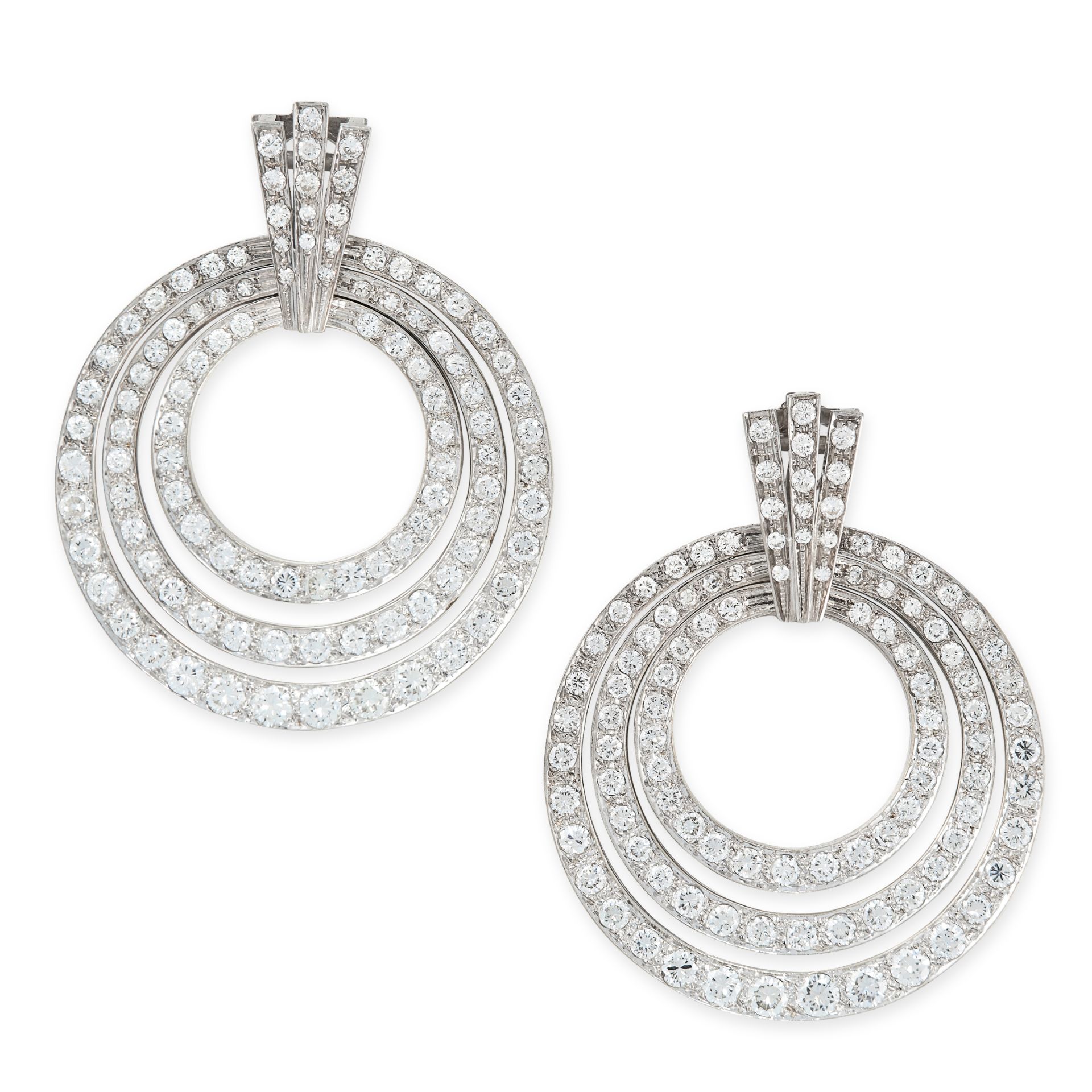 A PAIR OF DIAMOND EARRINGS each formed of three graduated hoops suspended within each other, set