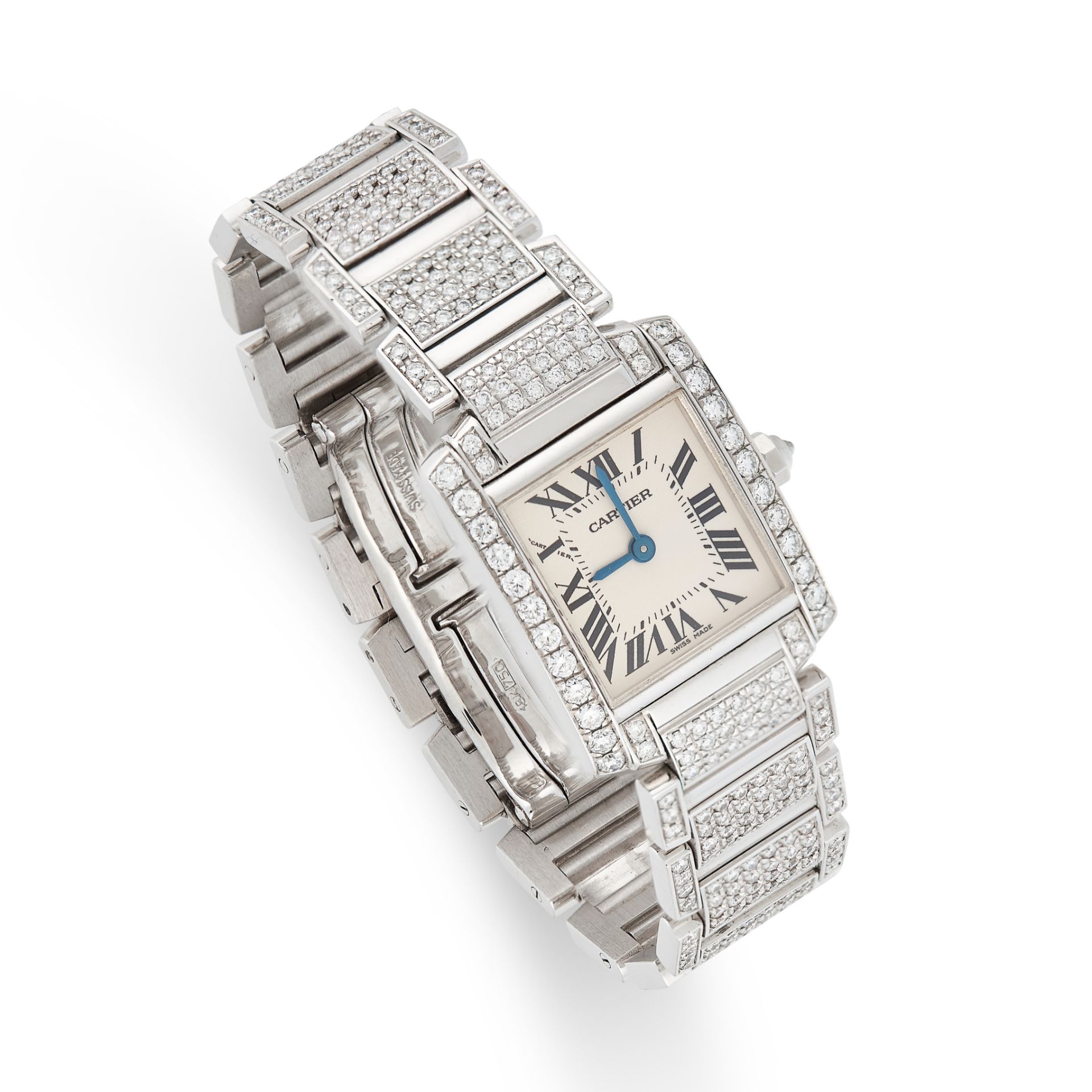 A DIAMOND TANK FRANCAISE WRIST WATCH, CARTIER in 18ct white gold, the rectangular white dial with