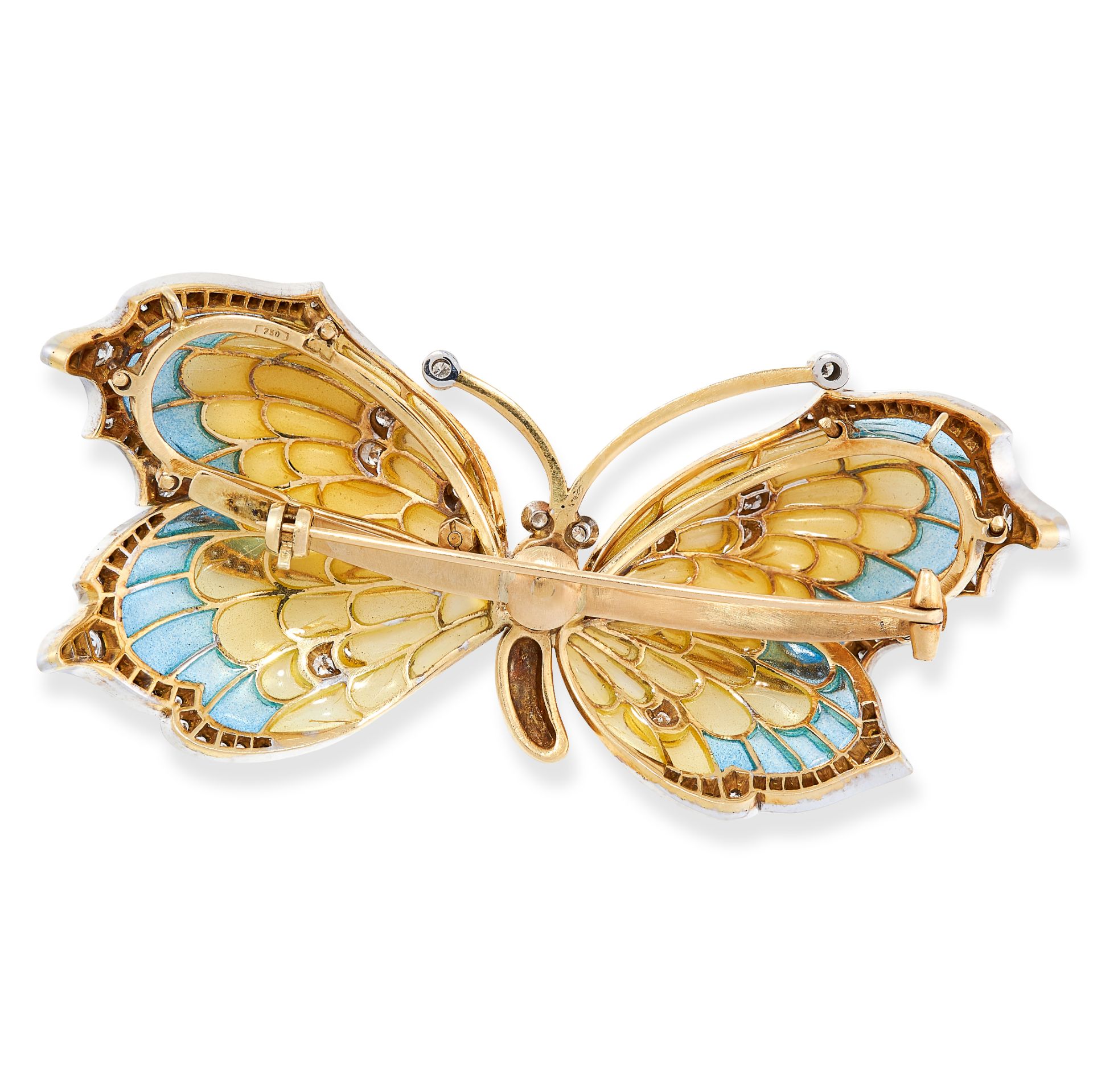 A PLIQUE A JOUR ENAMEL AND DIAMOND BUTTERFLY BROOCH in yellow gold, designed as a butterfly, the - Image 2 of 2