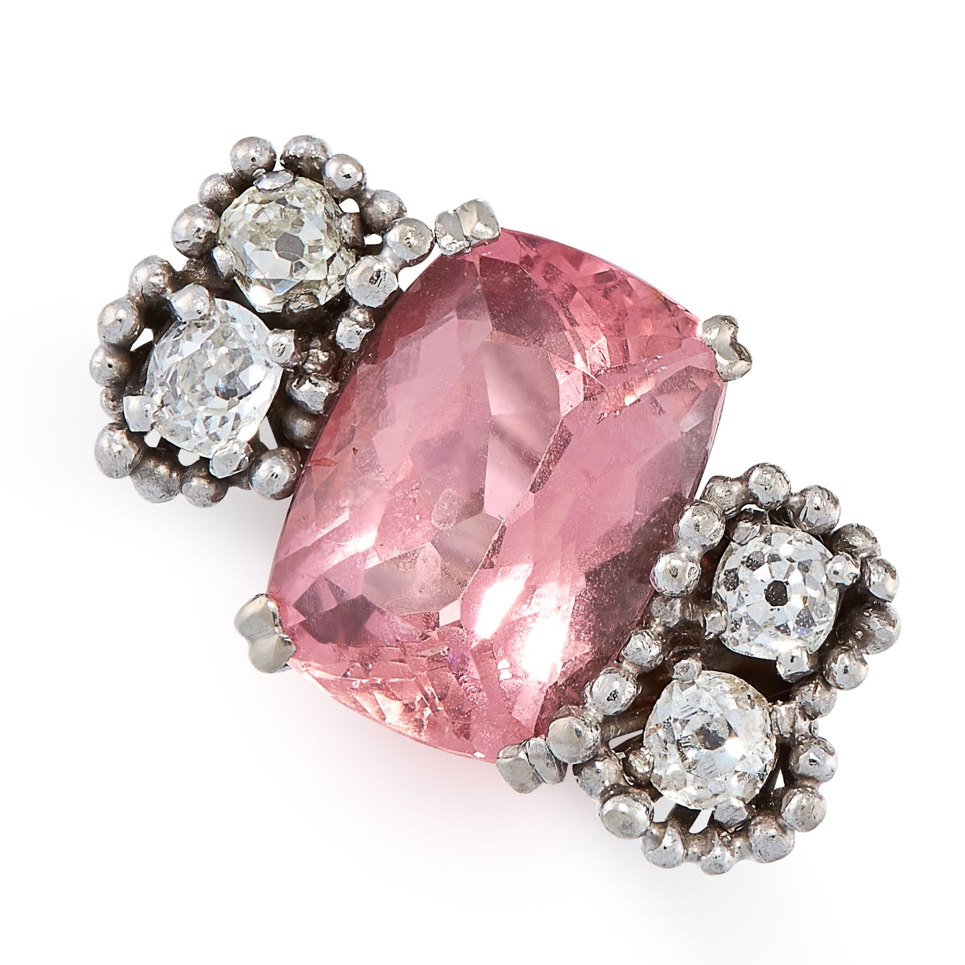 A VINTAGE PINK TOURMALINE AND DIAMOND RING, ANDREW GRIMA 1974 in 18ct white gold, set with a cushion