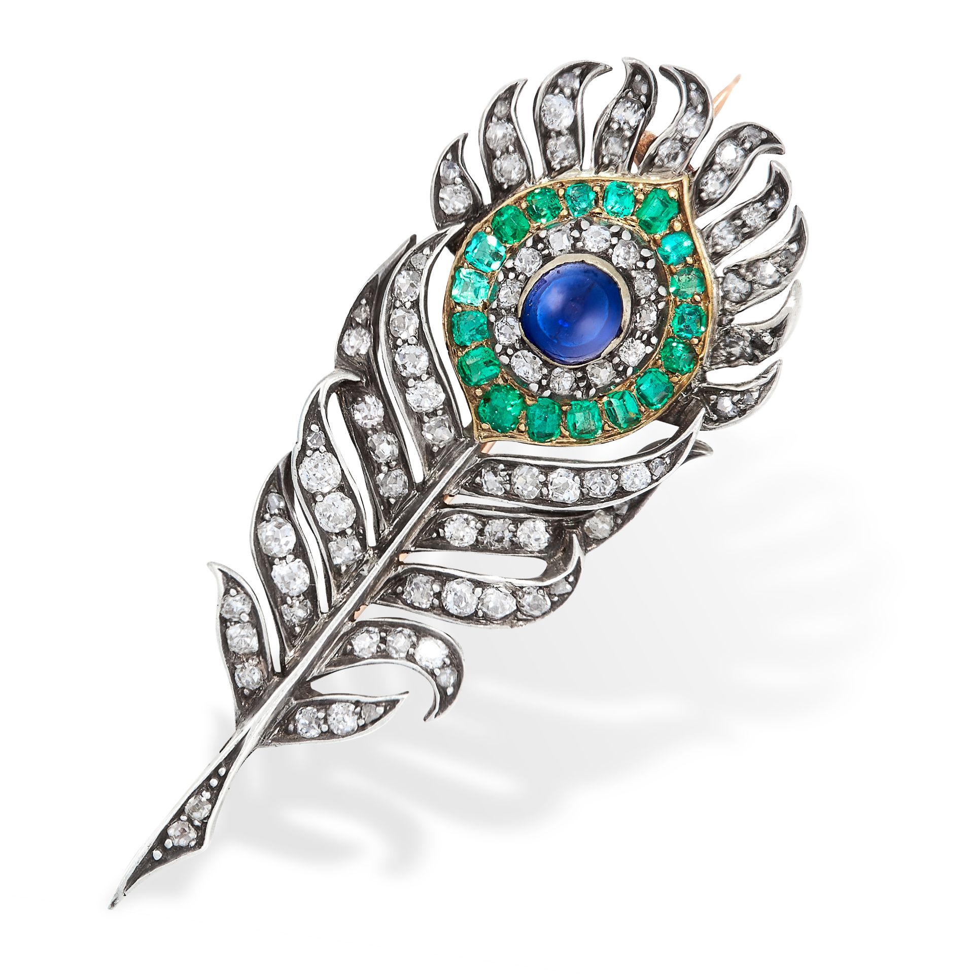 A FINE ANTIQUE SAPPHIRE, EMERALD AND DIAMOND PEACOCK FEATHER BROOCH, LATE 19TH CENTURY in yellow