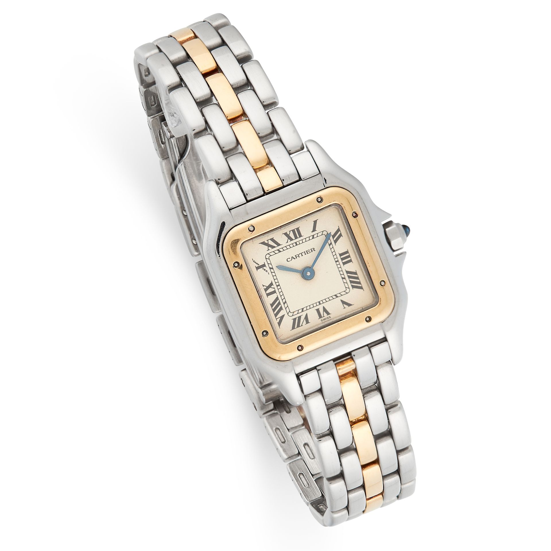 A LADIES PANTHERE WRIST WATCH, CARTIER in 18ct yellow gold and steel, the rectangular white dial