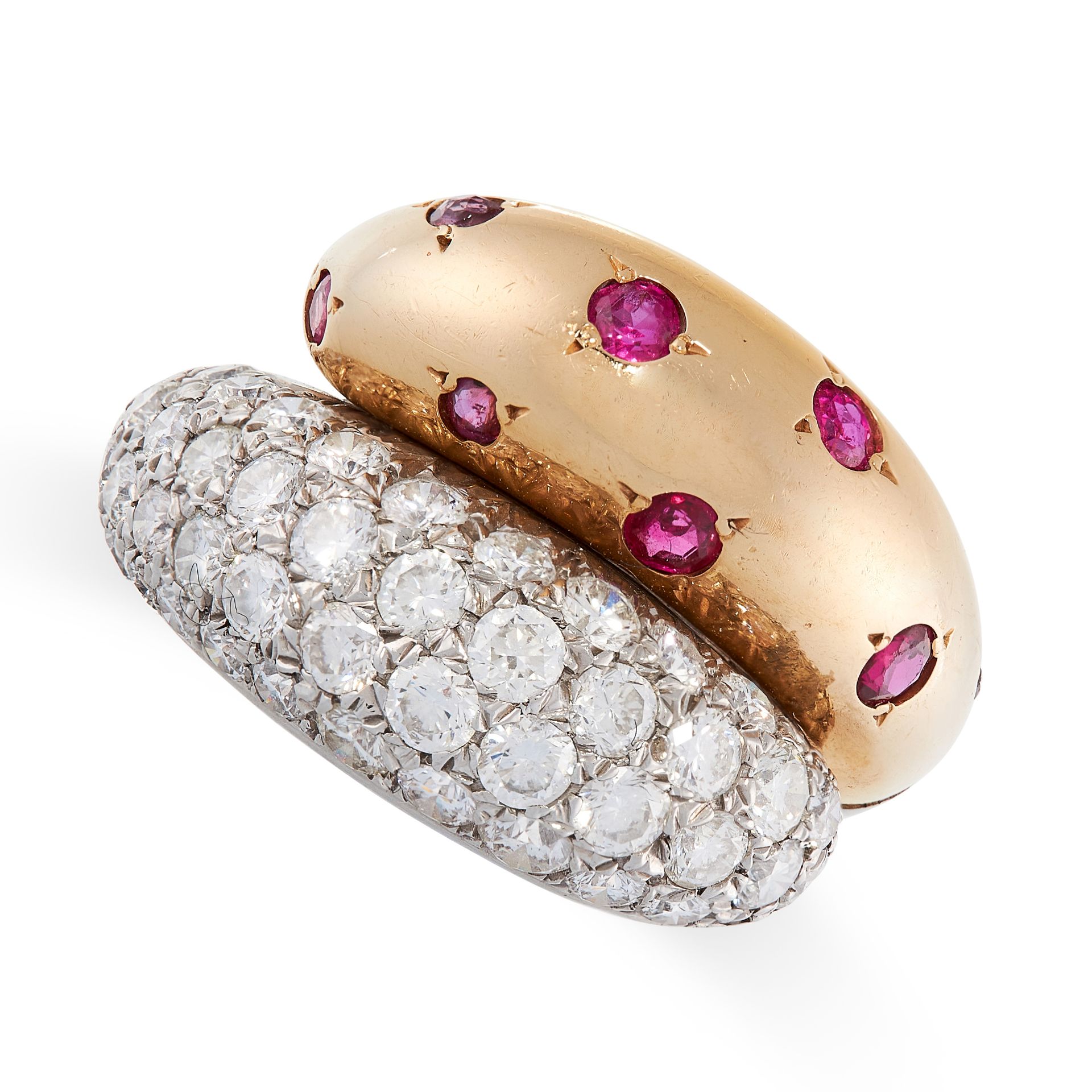 A VINTAGE FRENCH RUBY AND DIAMOND DRESS RING in 18ct yellow gold and platinum, the crossover band of