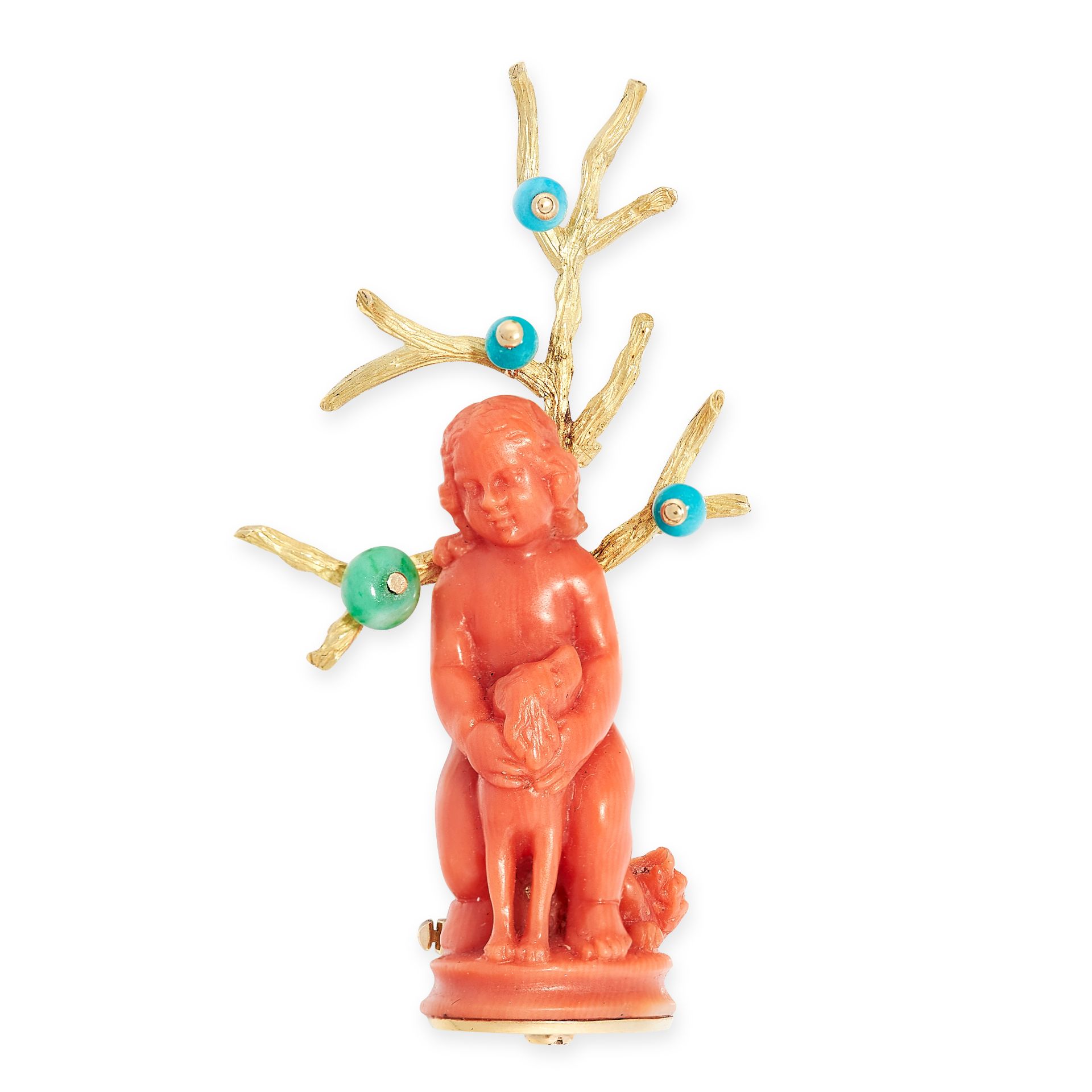 A VINTAGE CORAL, JADEITE AND TURQUOISE BROOCH, PIERRE STERLE, CIRCA 1950 in 18ct yellow gold,