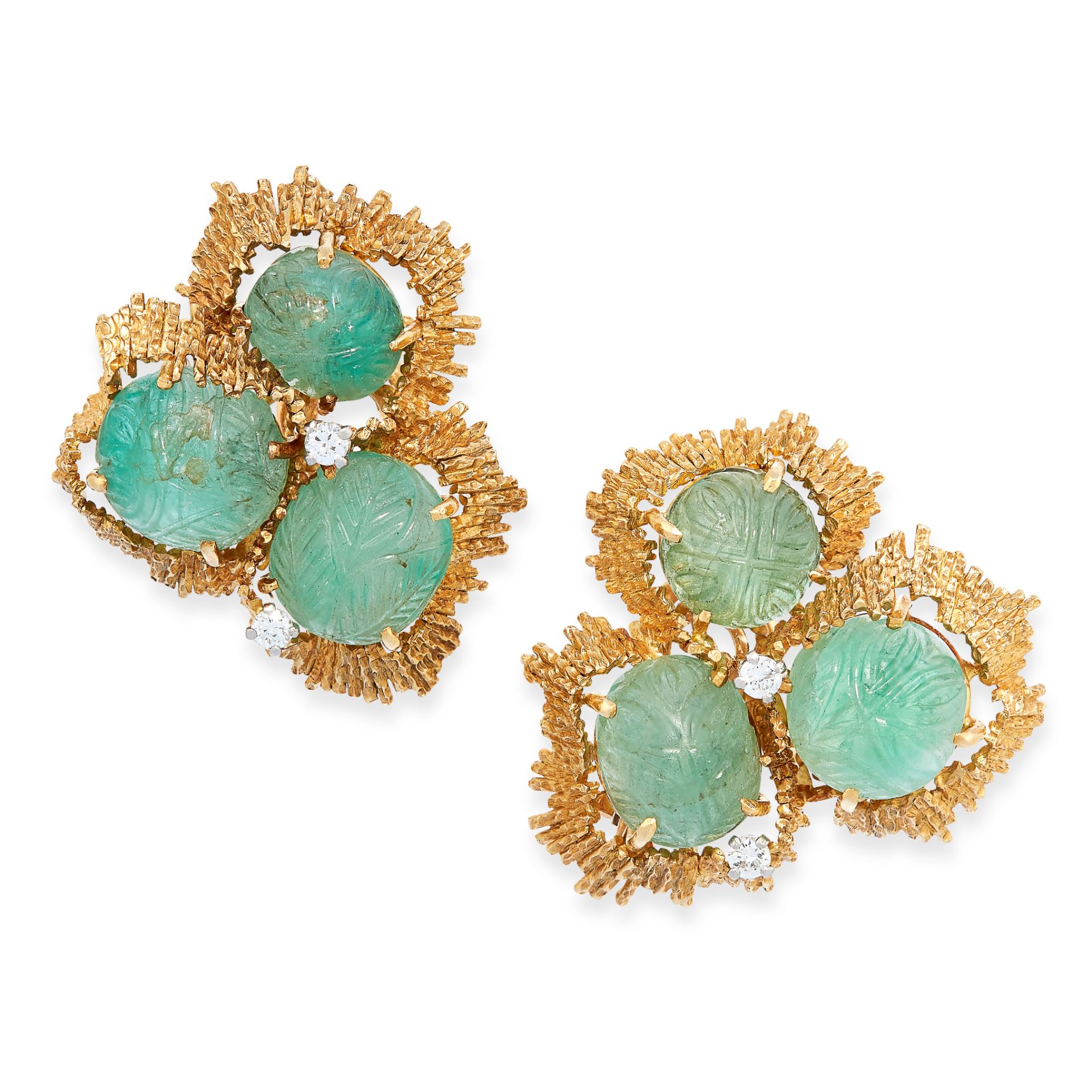 A PAIR OF VINTAGE EMERALD AND DIAMOND CLIP EARRINGS, ANDREW GRIMA 1969 in 18ct yellow gold, each set