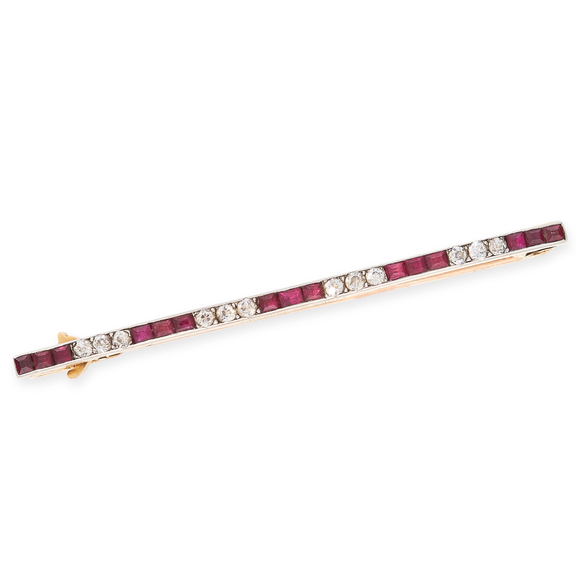 AN ART DECO RUBY AND DIAMOND BAR BROOCH, LACLOCHE FRERES in 18ct yellow gold and platinum, set