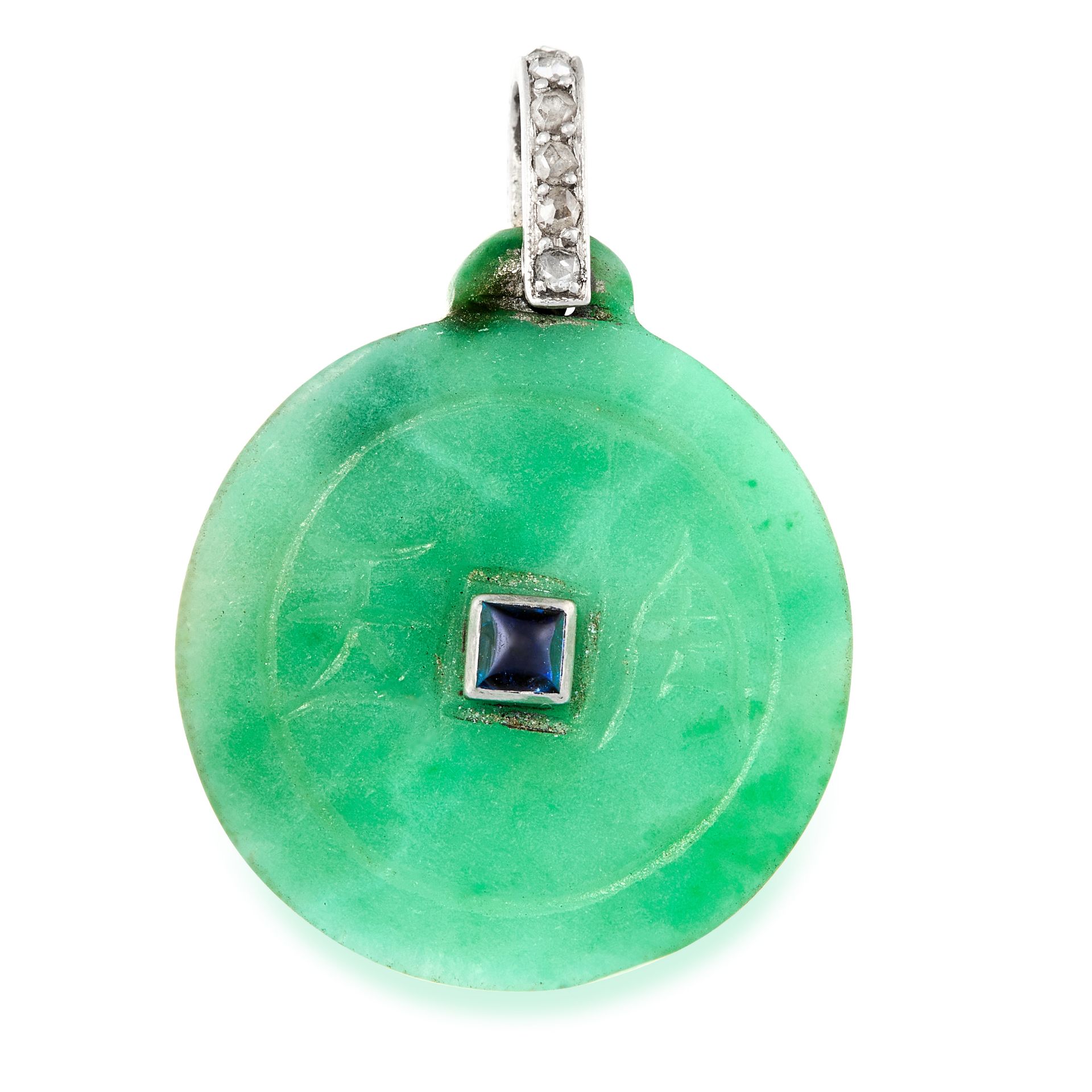 AN ART DECO NATURAL JADEITE JADE, SAPPHIRE AND DIAMOND PENDANT, CARTIER EARLY 20TH CENTURY the