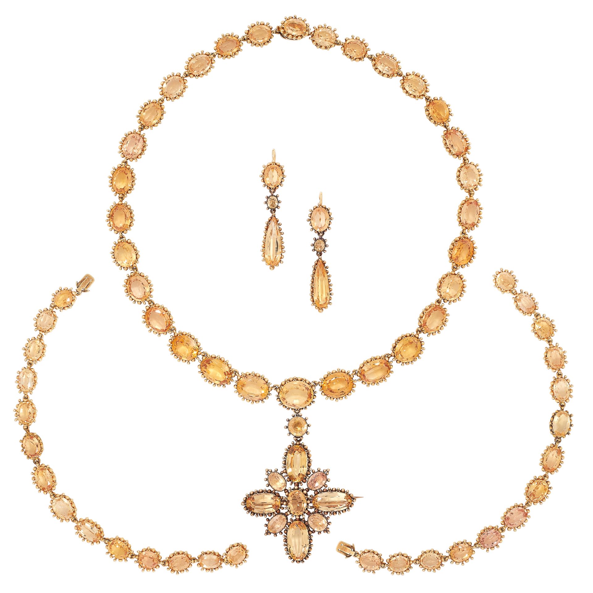AN ANTIQUE IMPERIAL TOPAZ PARURE, 19TH CENTURY in yellow gold, comprising a necklace with detachable - Image 2 of 2