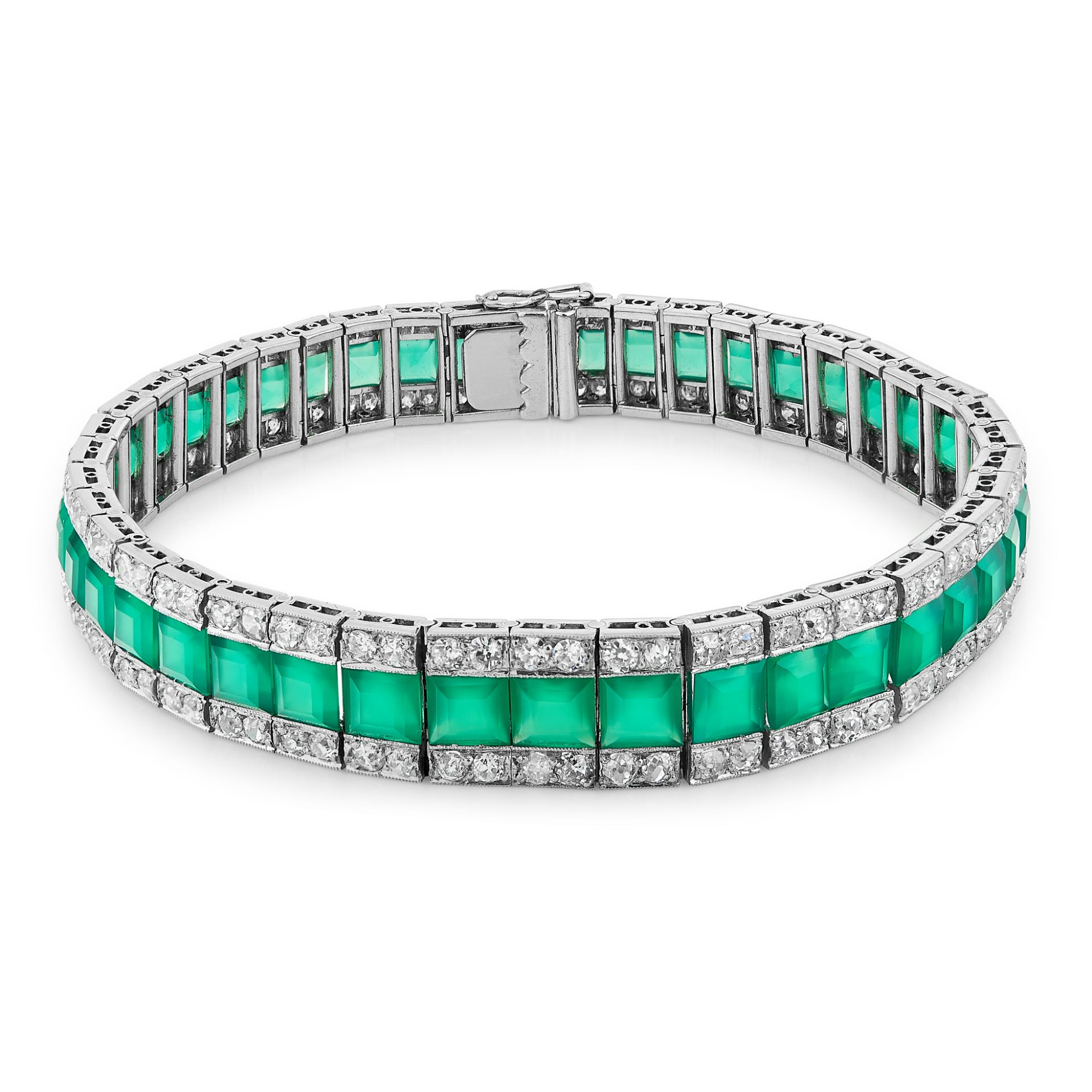 AN ART DECO CHRYSOPRASE AND DIAMOND BRACELET, CIRCA 1935 in platinum, comprising a single row of - Image 2 of 2