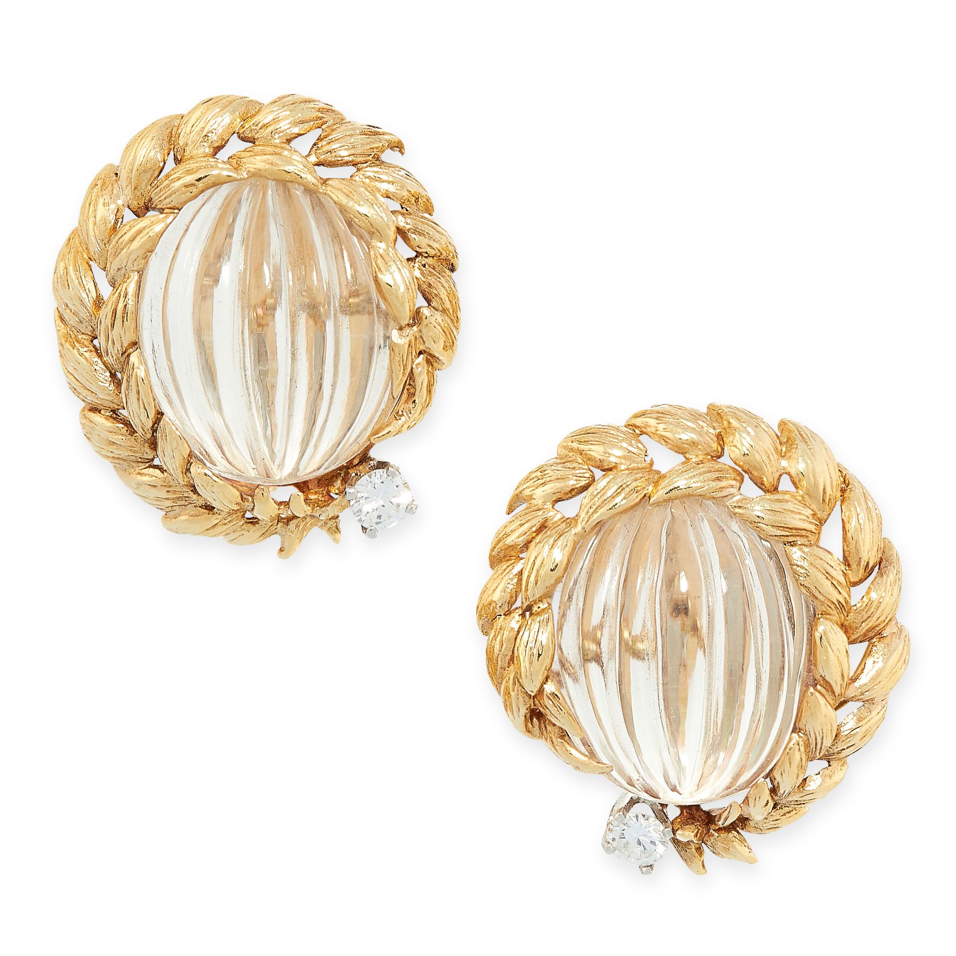 A PAIR OF VINTAGE ROCK CRYSTAL AND DIAMOND CLIP EARRINGS, DAVID WEBB in 18ct yellow gold, each set