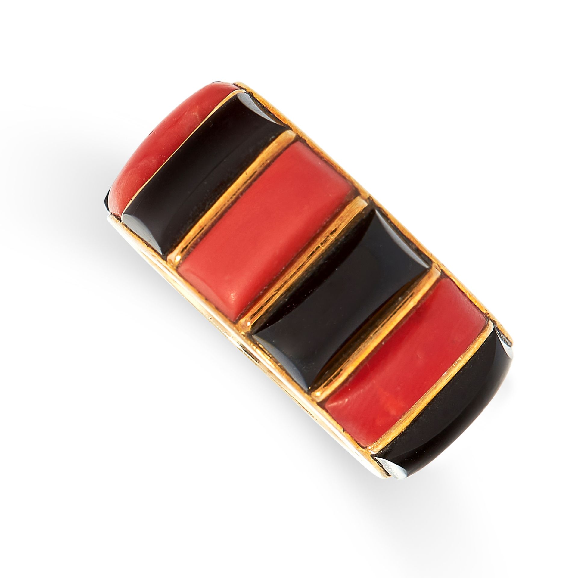 A VINTAGE CORAL AND ONYX RING, CARTIER in 18ct yellow gold, the band set all around with alternating