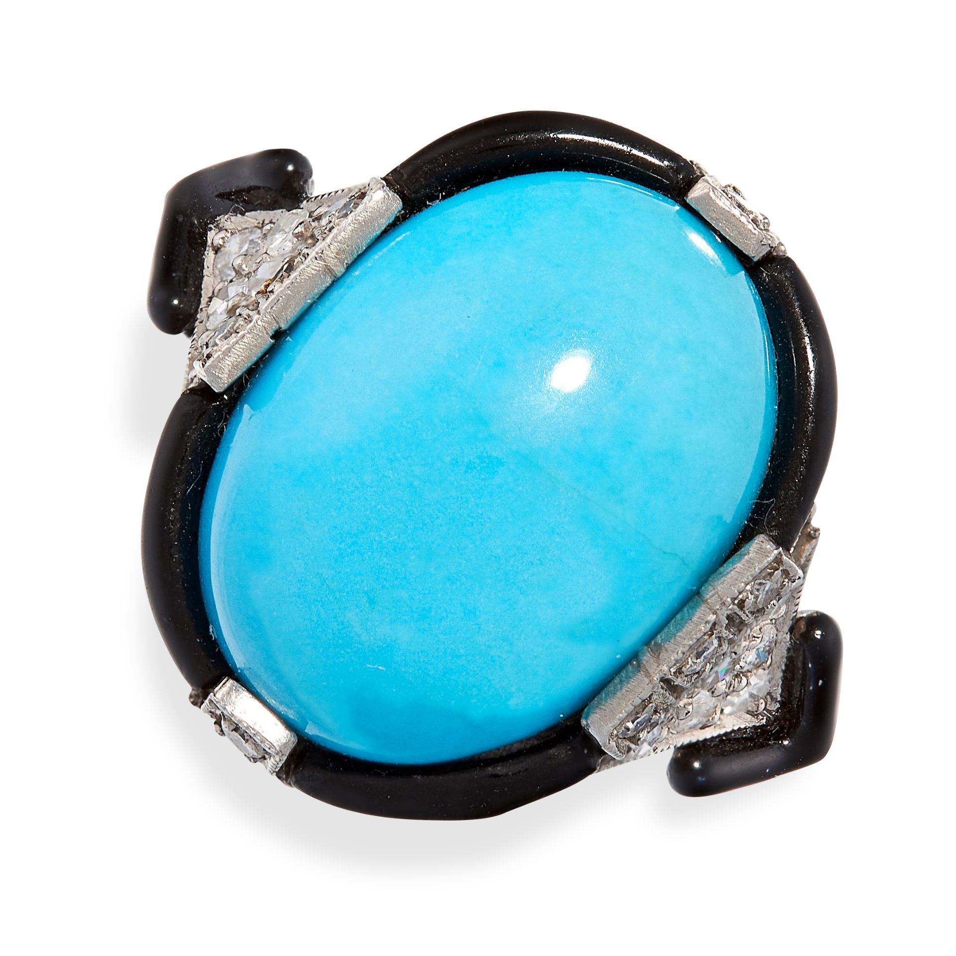 AN ART DECO TURQUOISE, ENAMEL AND DIAMOND RING set with an oval cabochon turquoise within borders of