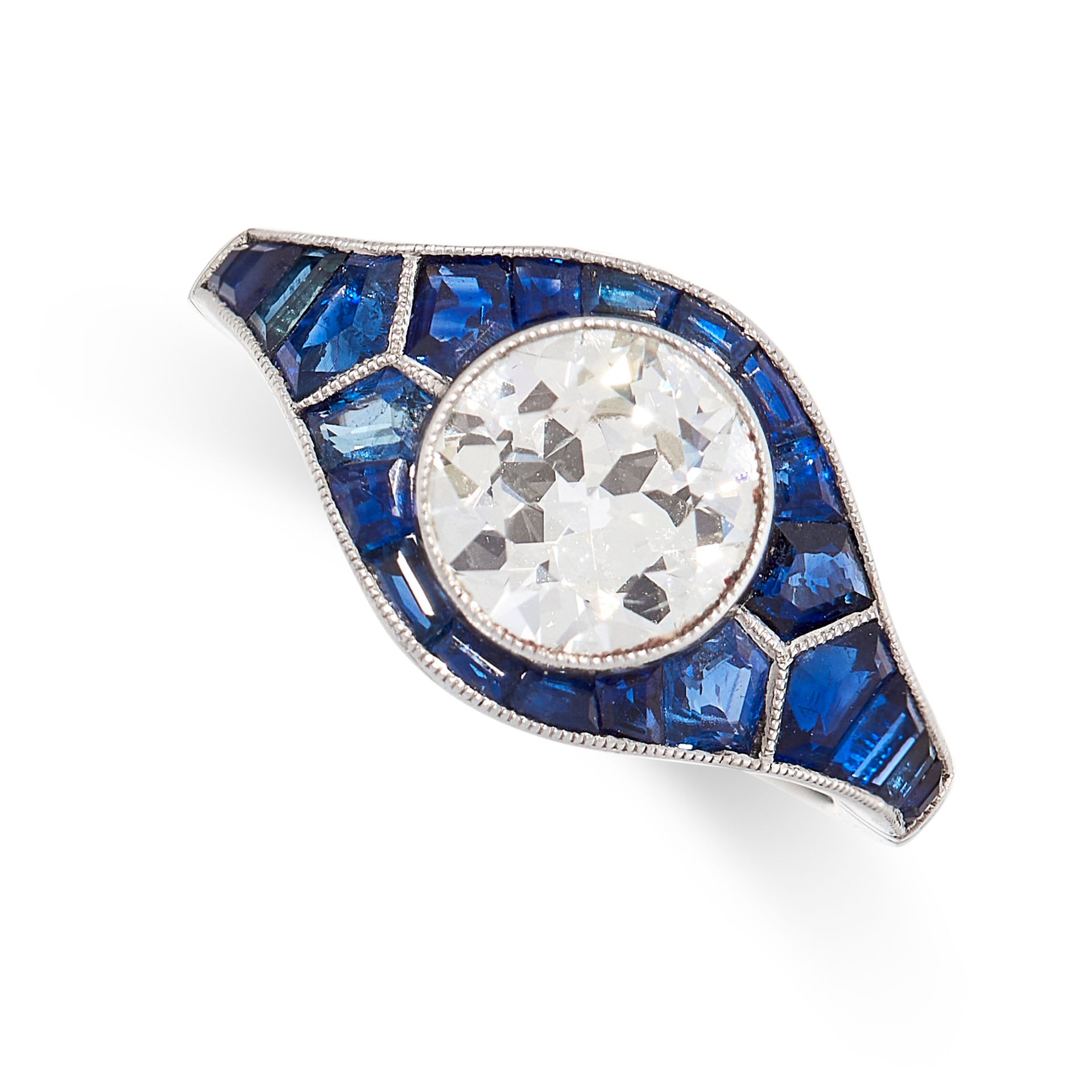 A DIAMOND AND SAPPHIRE DRESS RING in platinum, set to the centre with an old European cut diamond of