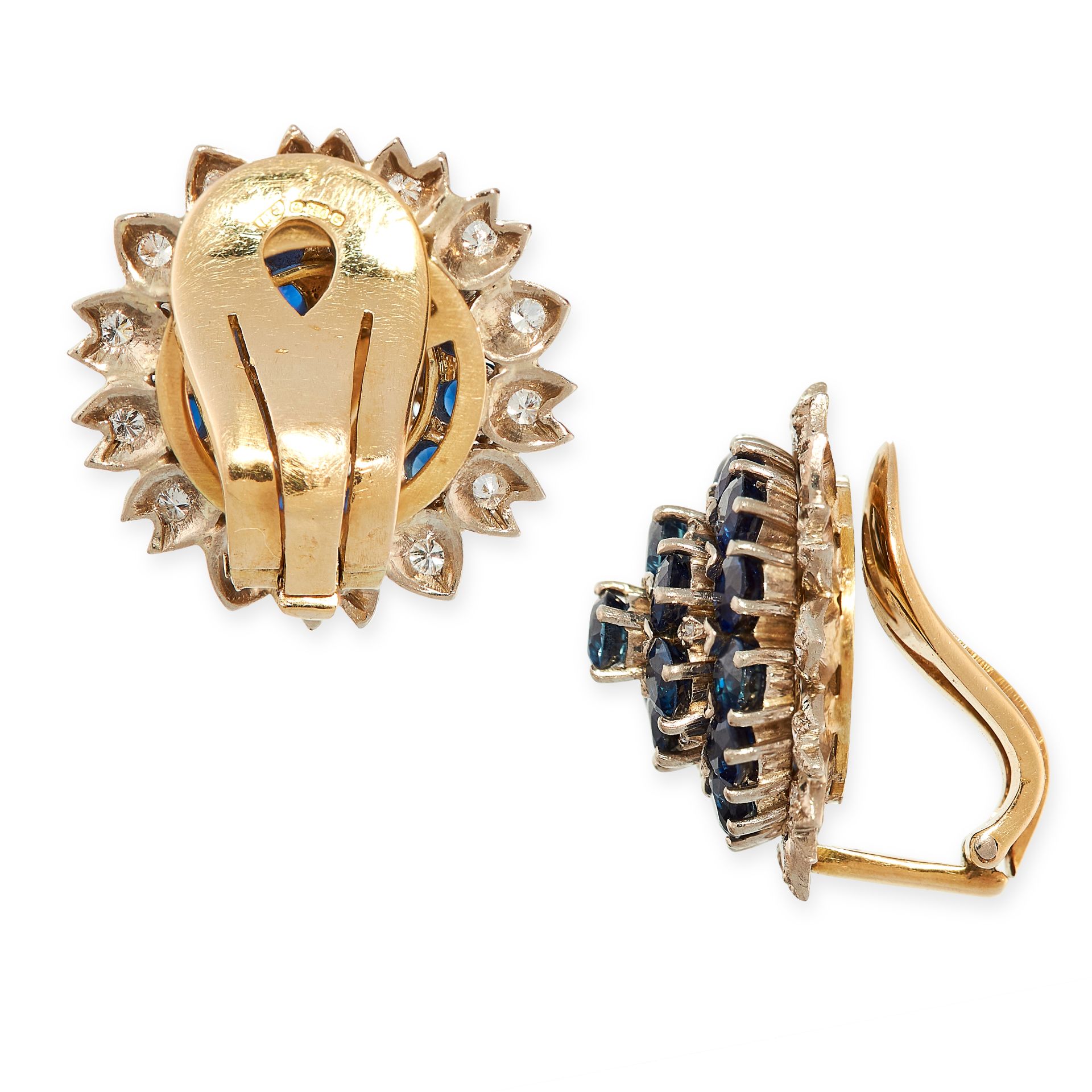 A PAIR OF VINTAGE SAPPHIRE AND DIAMOND CLIP EARRINGS in 18ct yellow gold, the circular faces set - Image 2 of 2