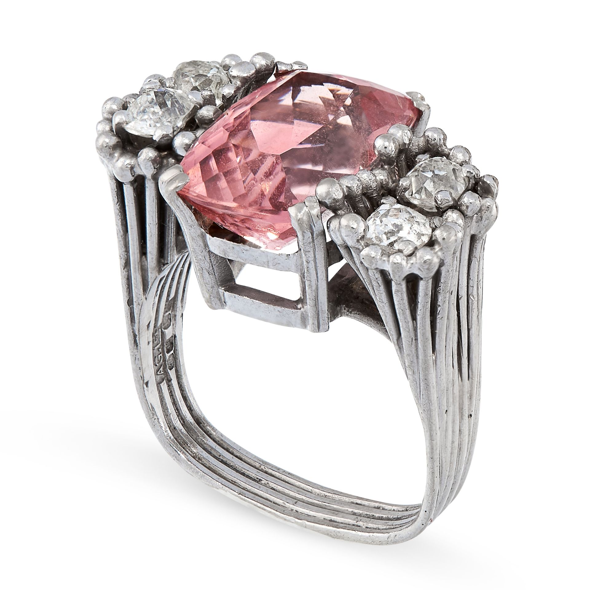 A VINTAGE PINK TOURMALINE AND DIAMOND RING, ANDREW GRIMA 1974 in 18ct white gold, set with a cushion - Image 2 of 2