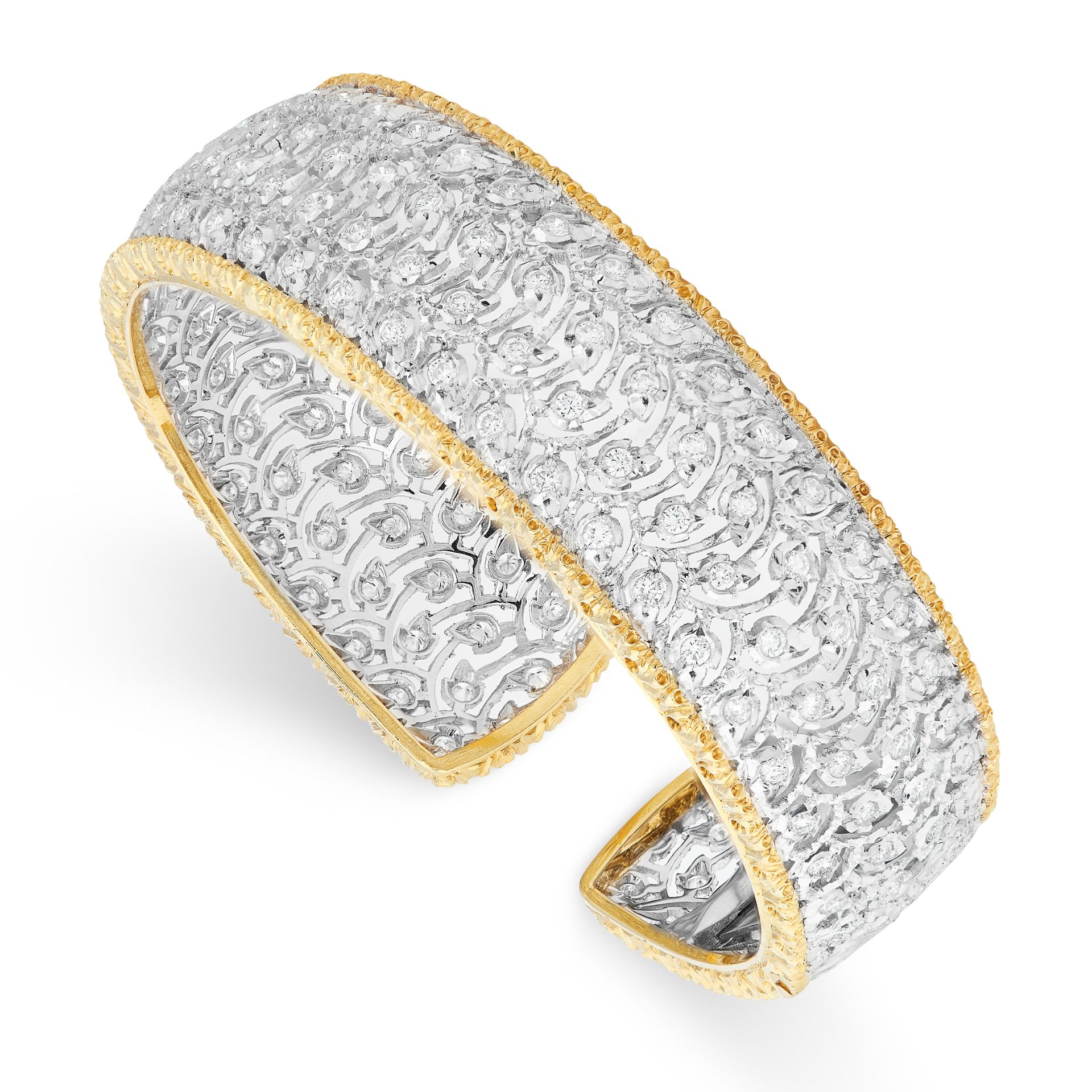 A DIAMOND CUFF BANGLE, BUCCELLATI in 18ct yellow gold and white gold, the open body of hinged