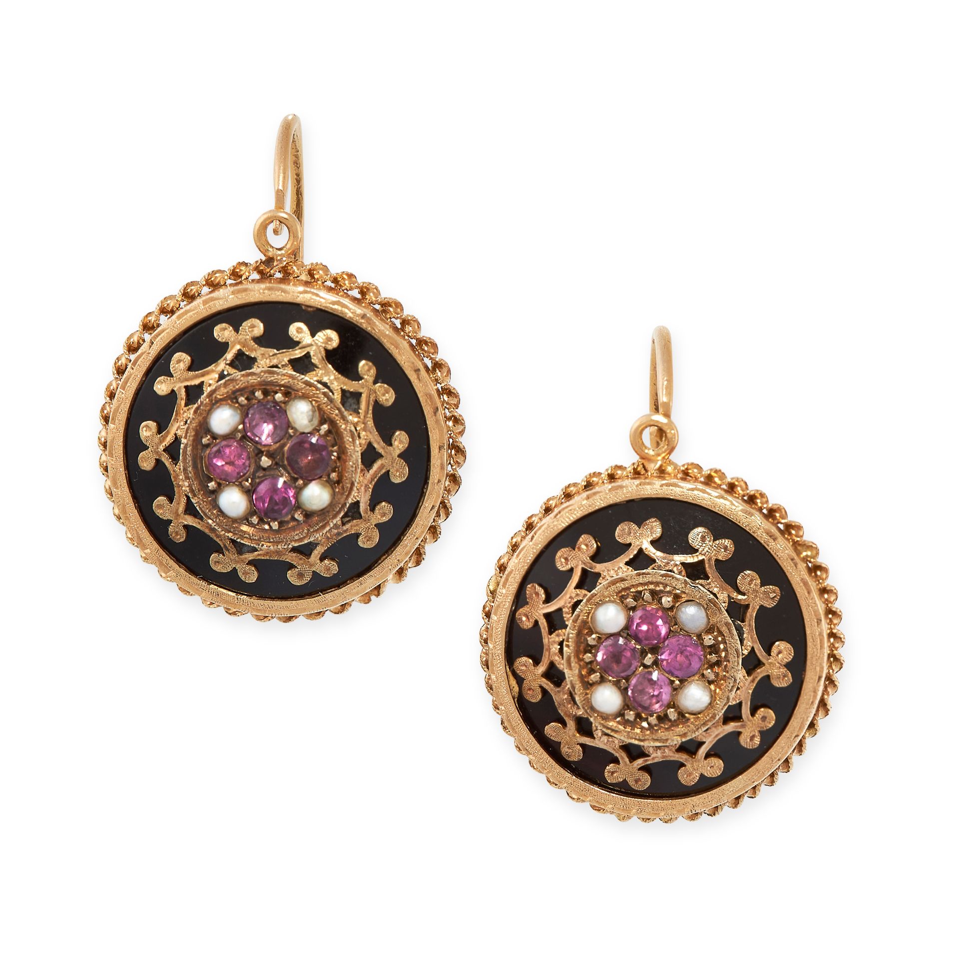 A PAIR OF ANTIQUE FRENCH ONYX, GARNET AND PEARL EARRINGS in 18ct yellow gold, the circular bodies