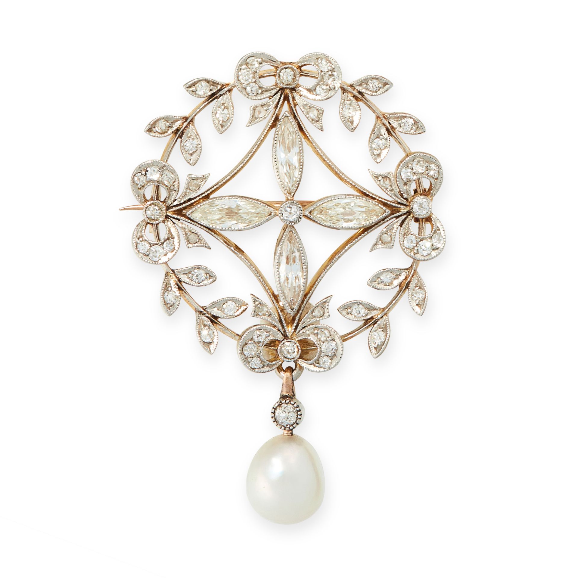 A BELLE EPOQUE NATURAL PEARL AND DIAMOND BROOCH, CIRCA 1910 in yellow gold and platinum, designed in