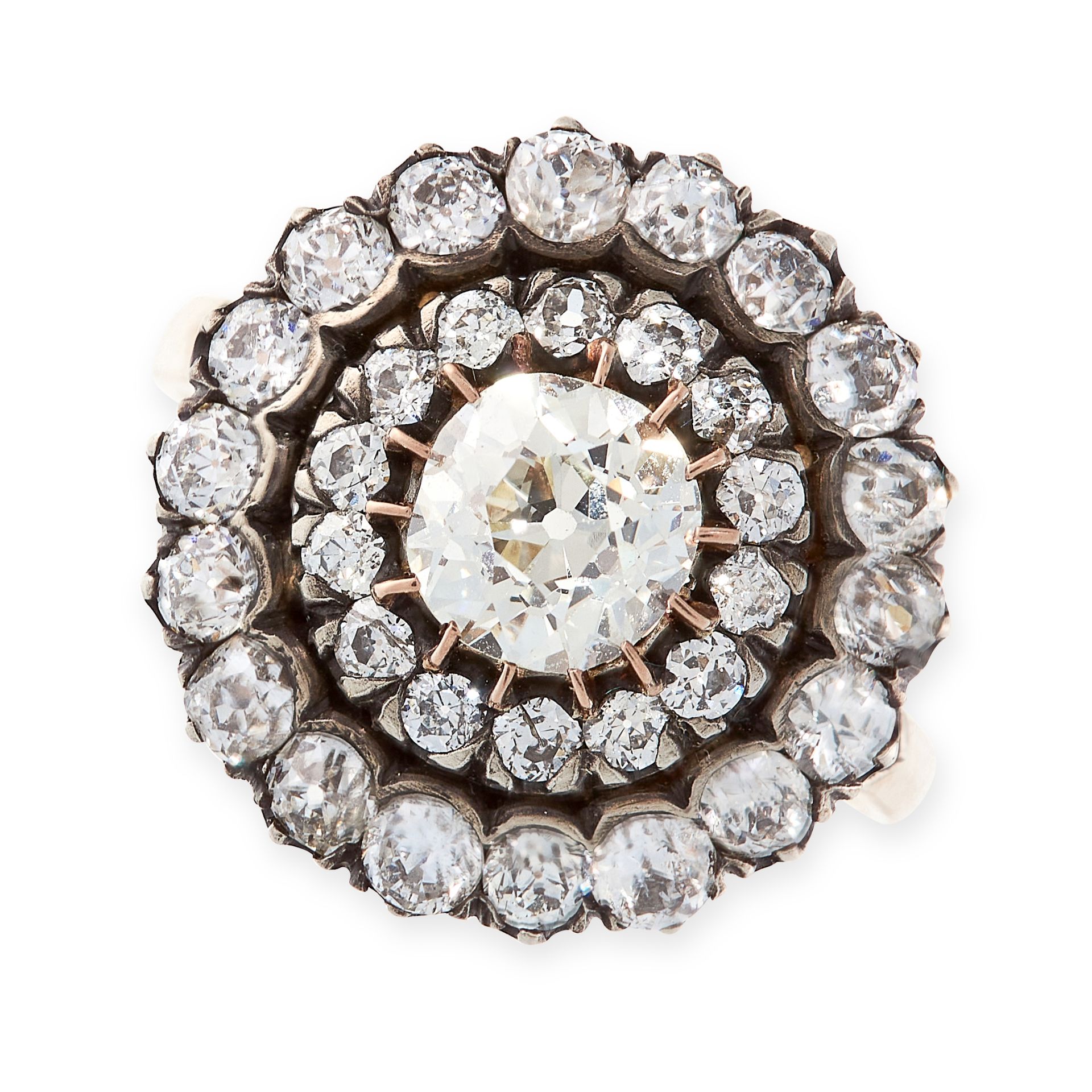A DIAMOND CLUSTER RING in yellow gold and silver, set with a central old cut diamond of 1.27 carats,